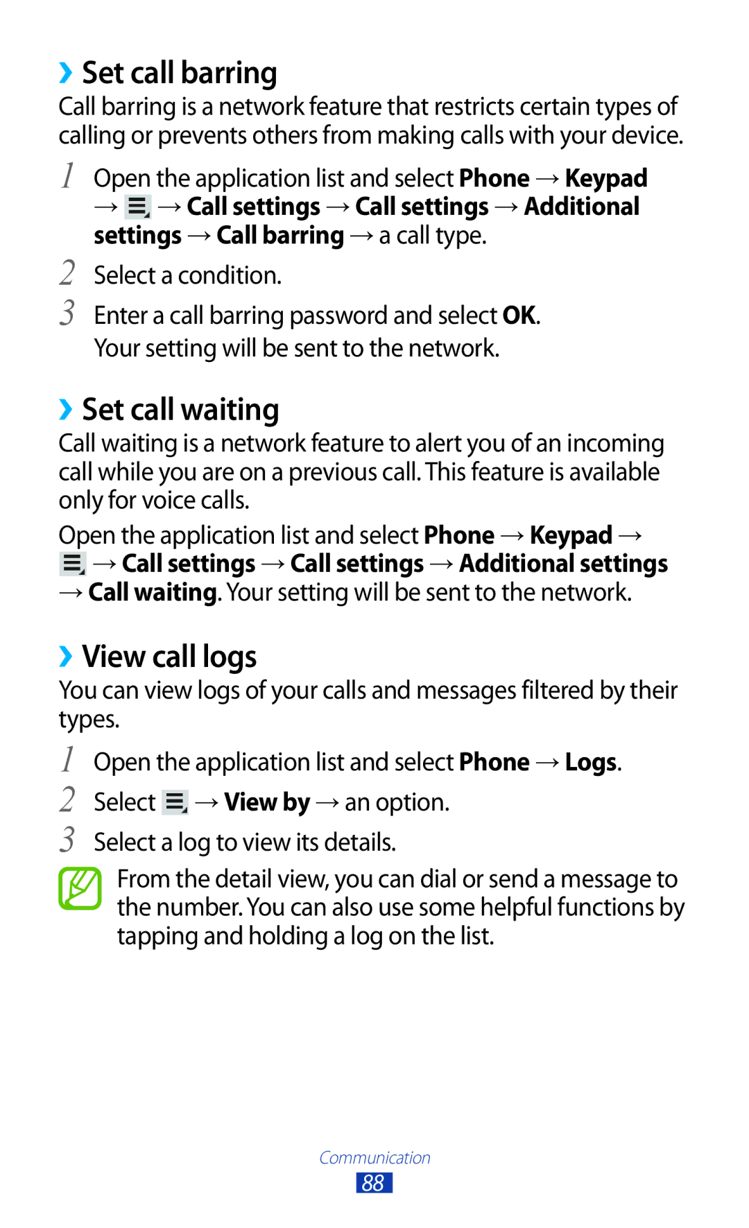 Samsung GT-N8000EAAXSG, GT-N8000EAAKSA, GT-N8000ZWFTHR manual ››Set call barring, ››Set call waiting, ››View call logs 