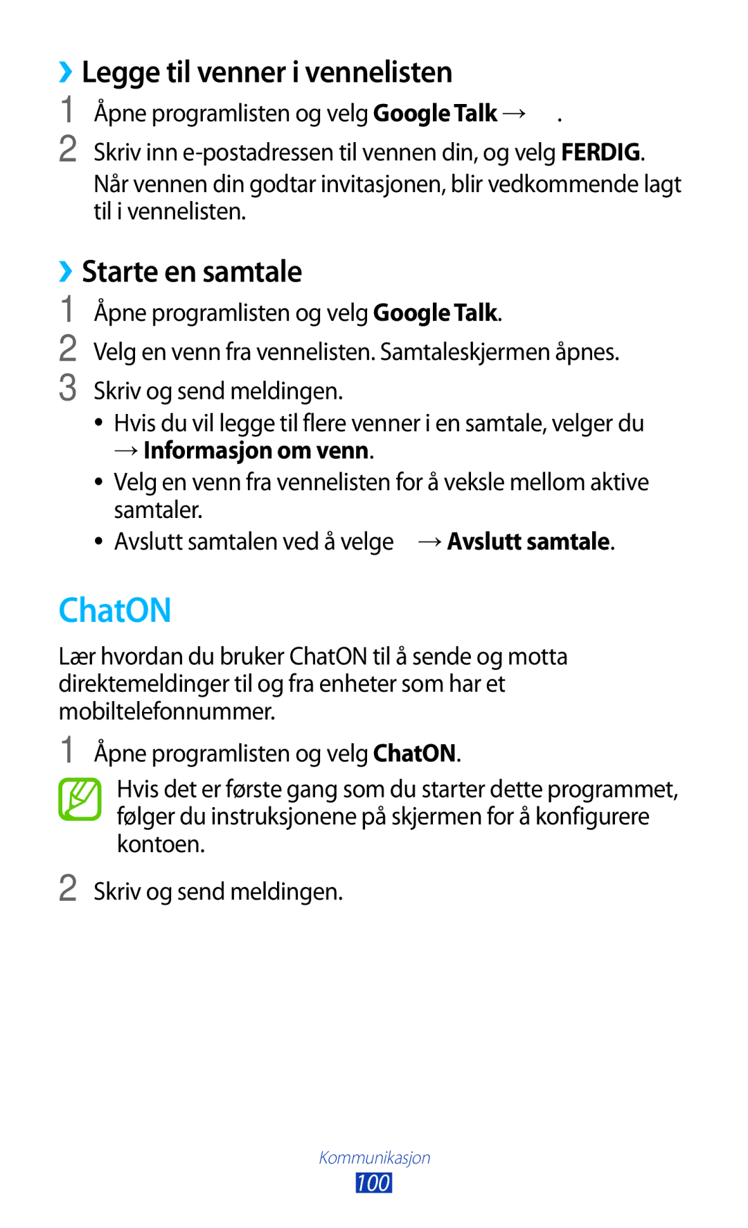 Samsung GT-N8000GRANEE manual ChatON, ››Legge til venner i vennelisten, ››Starte en samtale, → Informasjon om venn 