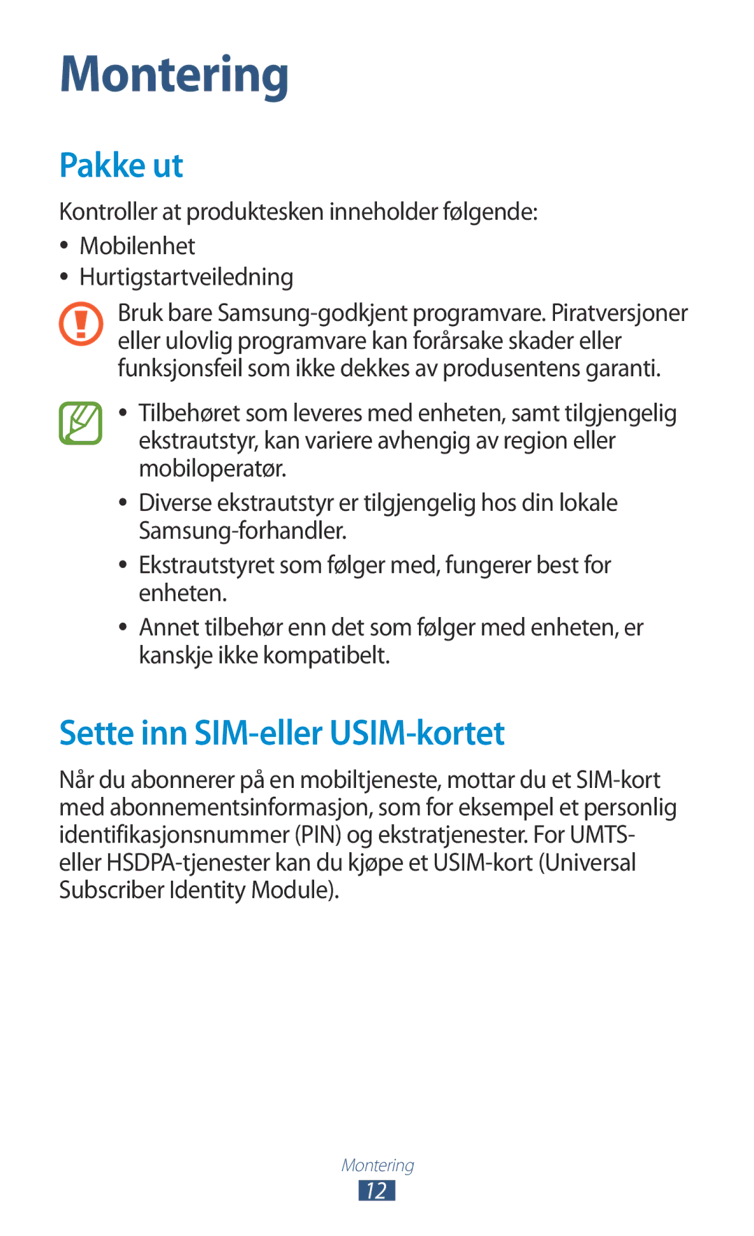 Samsung GT-N8000EAANEE, GT-N8000GRANEE, GT-N8000ZWANEE manual Pakke ut, Sette inn SIM-eller USIM-kortet 