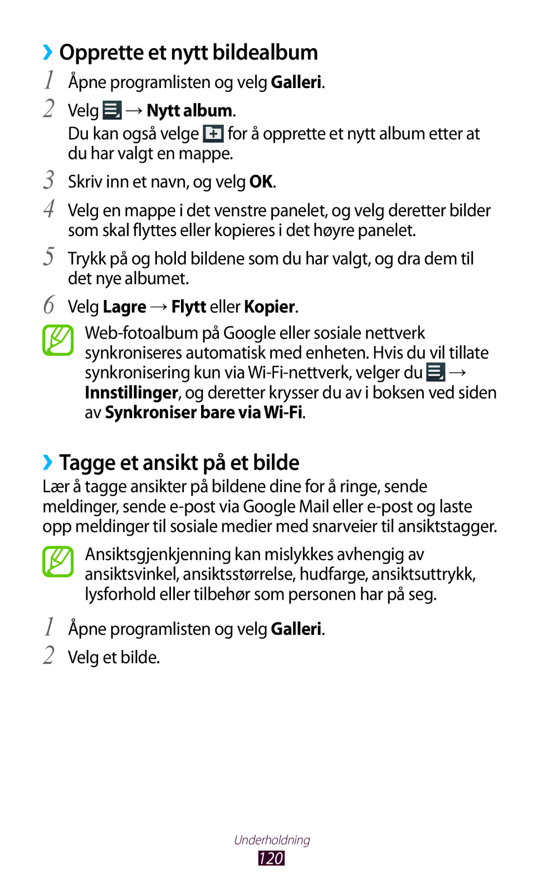 Samsung GT-N8000EAANEE, GT-N8000GRANEE manual ››Opprette et nytt bildealbum, ››Tagge et ansikt på et bilde, Velg →Nytt album 