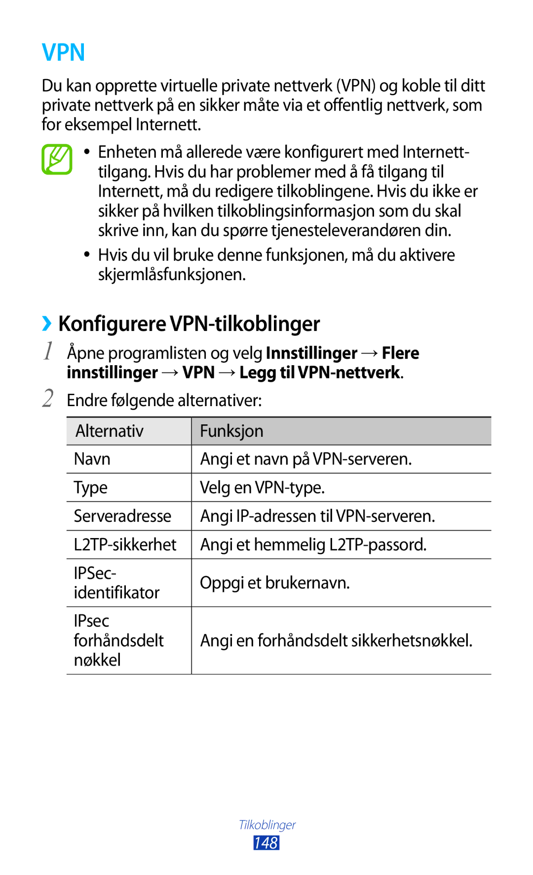 Samsung GT-N8000GRANEE, GT-N8000EAANEE manual ››Konfigurere VPN-tilkoblinger, Angi et hemmelig L2TP-passord, Nøkkel 