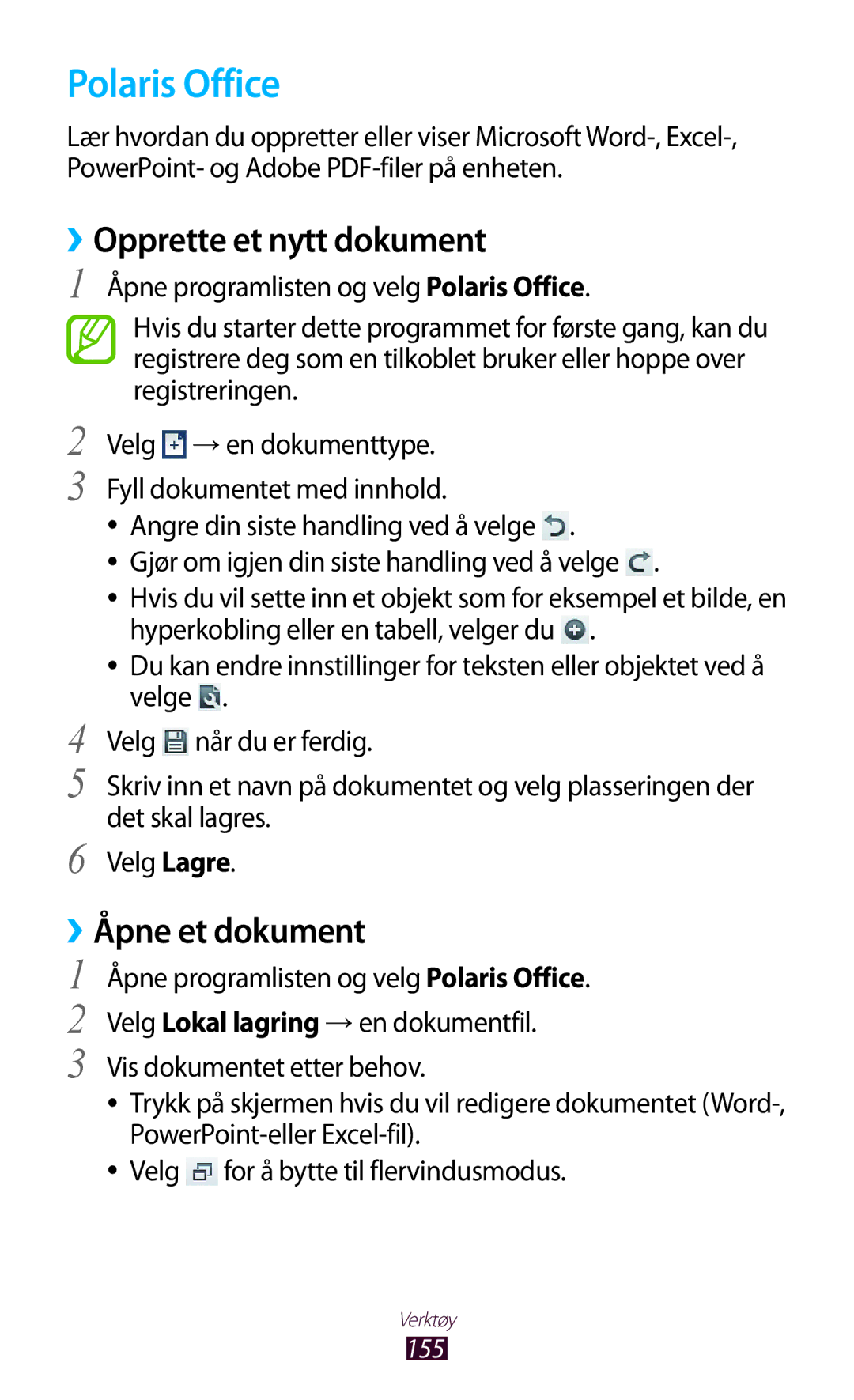 Samsung GT-N8000ZWANEE, GT-N8000EAANEE, GT-N8000GRANEE manual Polaris Office, ››Opprette et nytt dokument, ››Åpne et dokument 