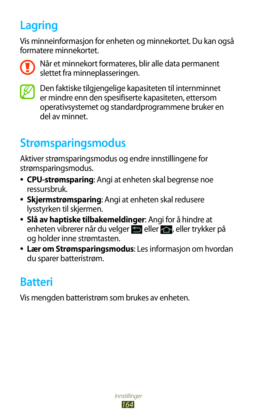 Samsung GT-N8000ZWANEE manual Lagring, Strømsparingsmodus, Batteri, Vis mengden batteristrøm som brukes av enheten 