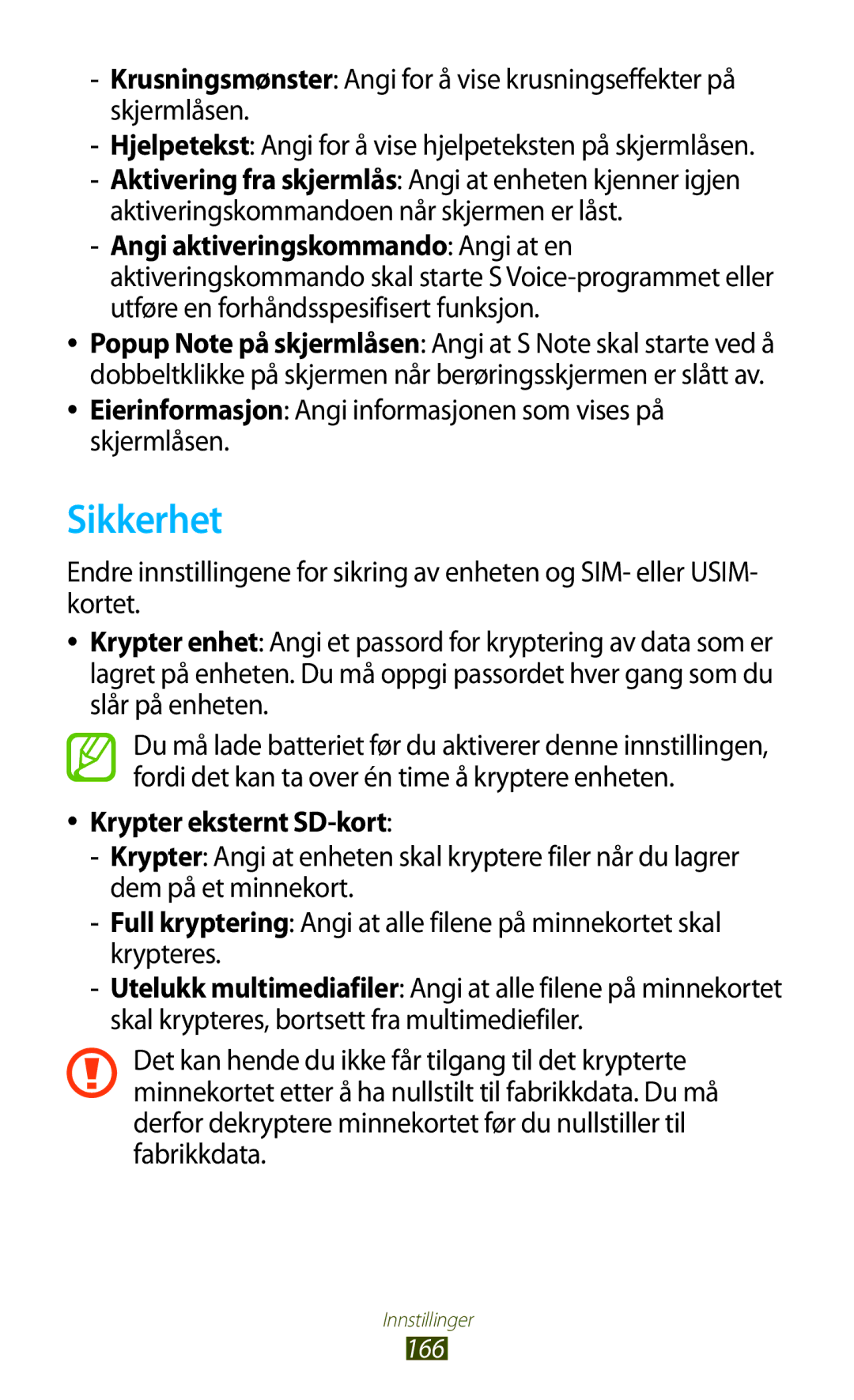 Samsung GT-N8000GRANEE Sikkerhet, Eierinformasjon Angi informasjonen som vises på skjermlåsen, Krypter eksternt SD-kort 