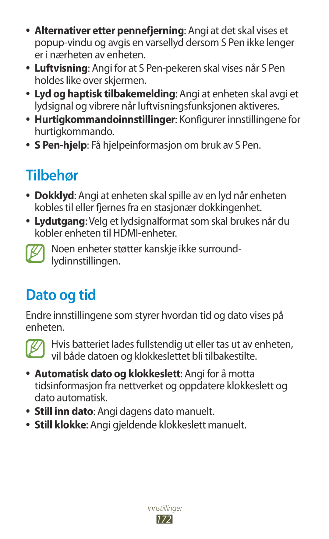 Samsung GT-N8000GRANEE, GT-N8000EAANEE manual Tilbehør, Dato og tid, Pen-hjelp Få hjelpeinformasjon om bruk av S Pen 