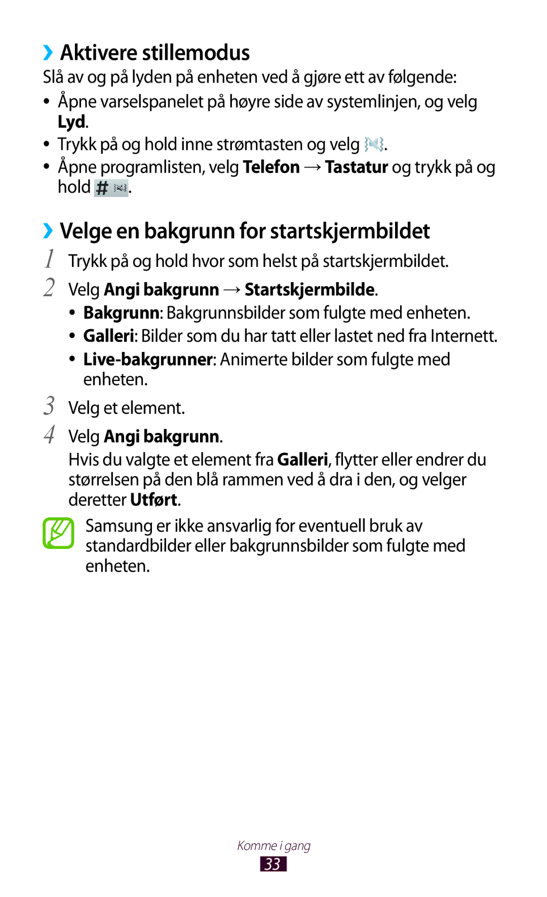 Samsung GT-N8000EAANEE manual ››Aktivere stillemodus, ››Velge en bakgrunn for startskjermbildet, Velg Angi bakgrunn 