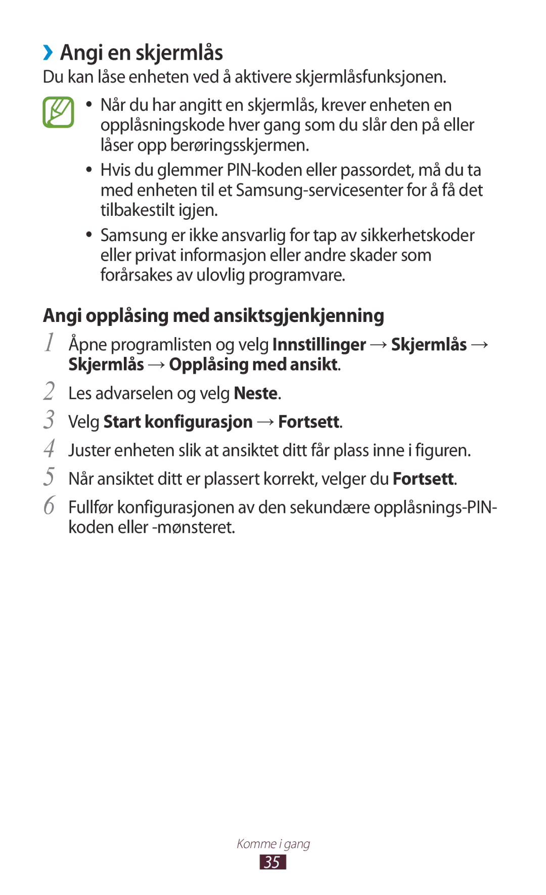 Samsung GT-N8000ZWANEE manual ››Angi en skjermlås, Angi opplåsing med ansiktsgjenkjenning, Les advarselen og velg Neste 