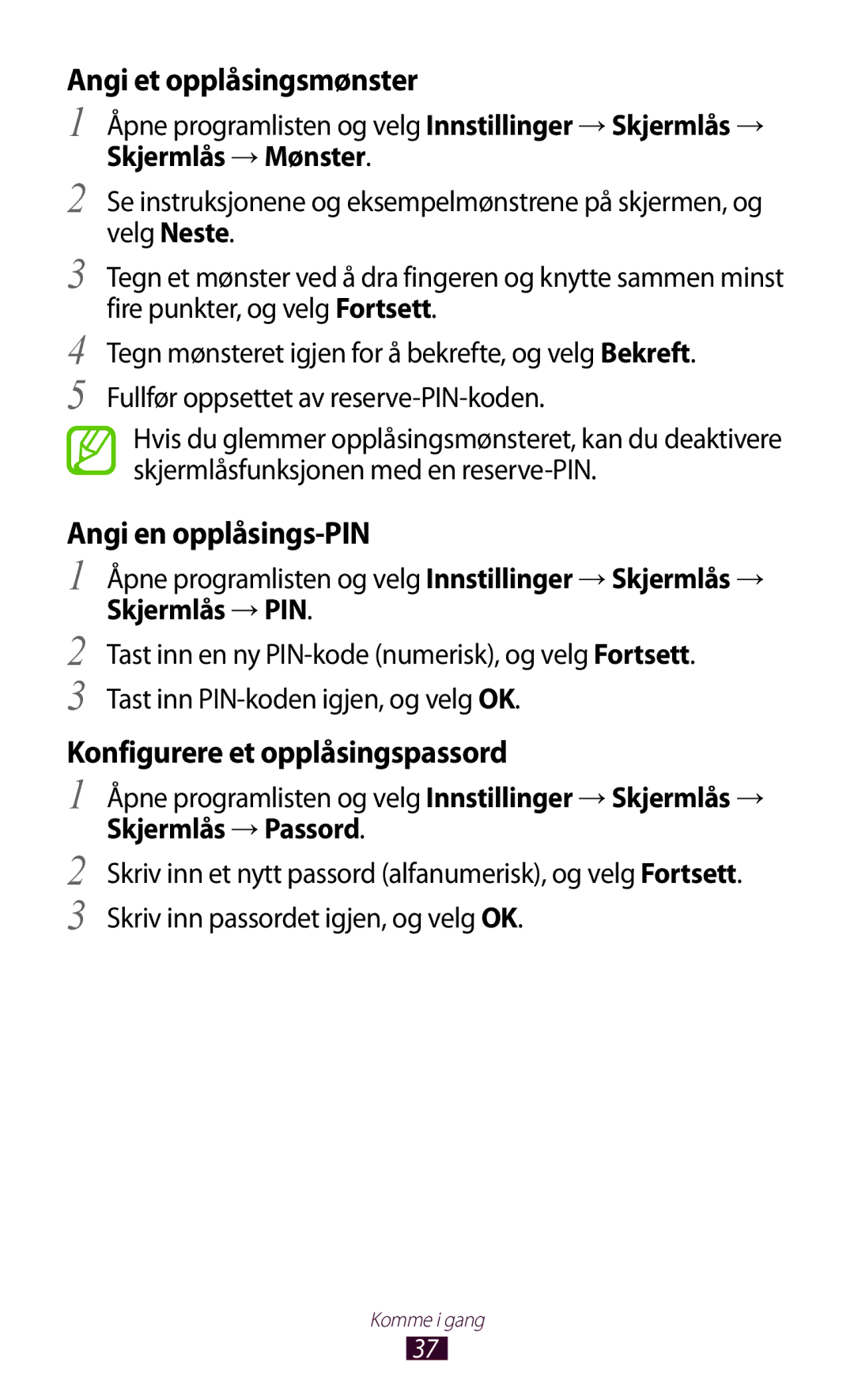 Samsung GT-N8000GRANEE Angi et opplåsingsmønster, Angi en opplåsings-PIN, Konfigurere et opplåsingspassord, Skjermlås →PIN 