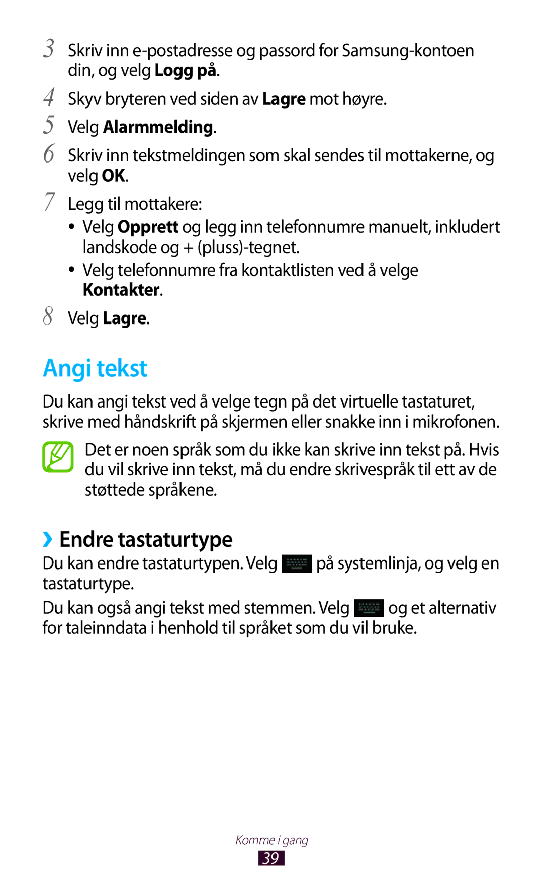 Samsung GT-N8000EAANEE, GT-N8000GRANEE, GT-N8000ZWANEE manual Angi tekst, ››Endre tastaturtype, Velg Alarmmelding 