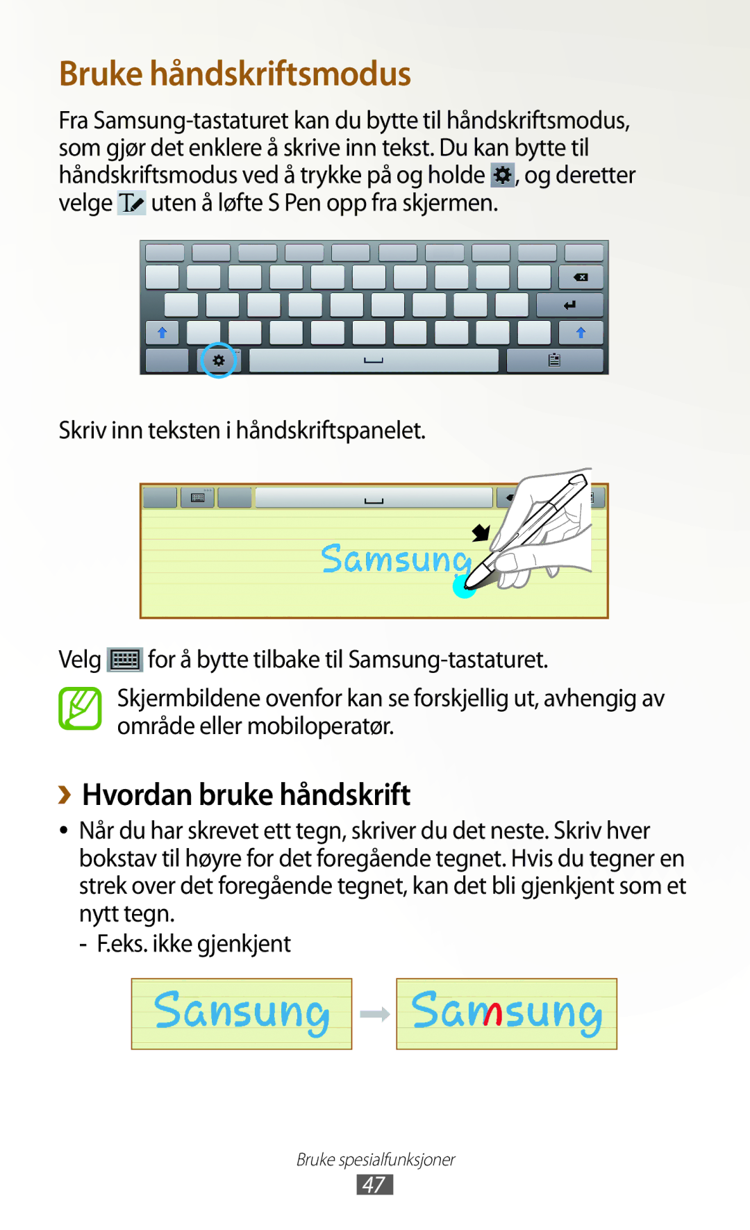 Samsung GT-N8000ZWANEE, GT-N8000EAANEE, GT-N8000GRANEE manual Bruke håndskriftsmodus, ››Hvordan bruke håndskrift 
