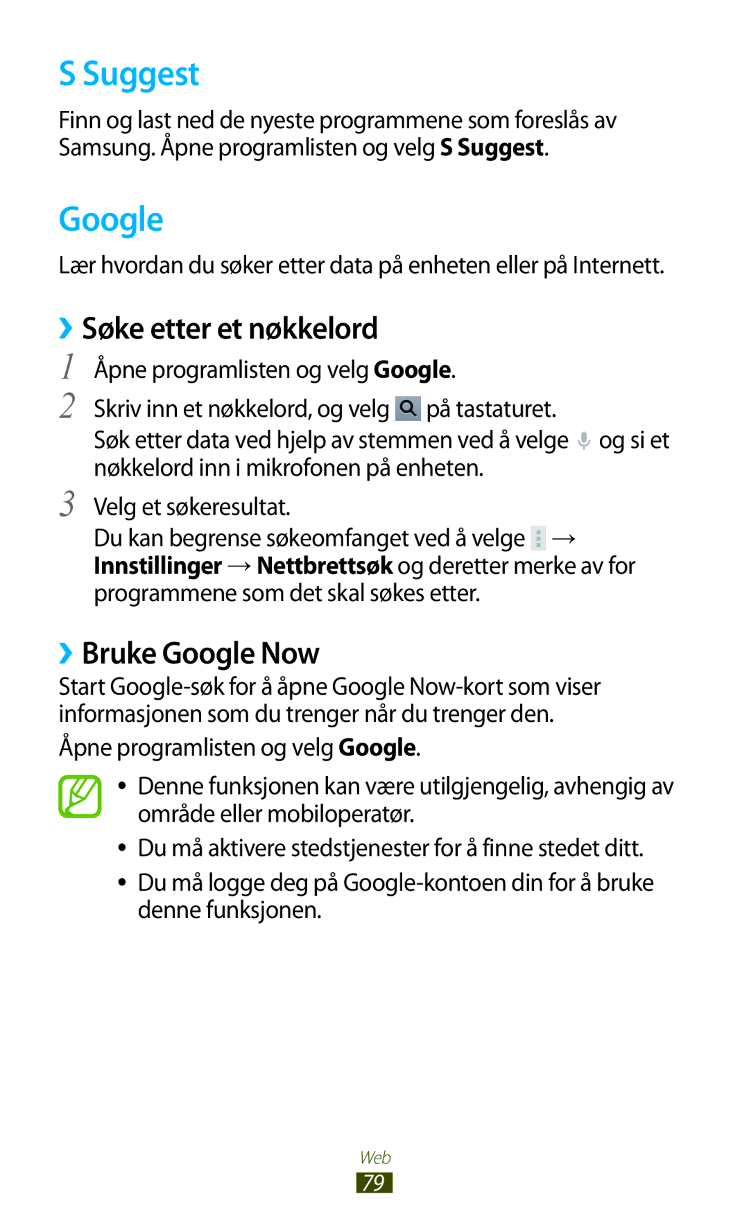 Samsung GT-N8000GRANEE, GT-N8000EAANEE, GT-N8000ZWANEE manual Suggest, ››Søke etter et nøkkelord, ››Bruke Google Now 