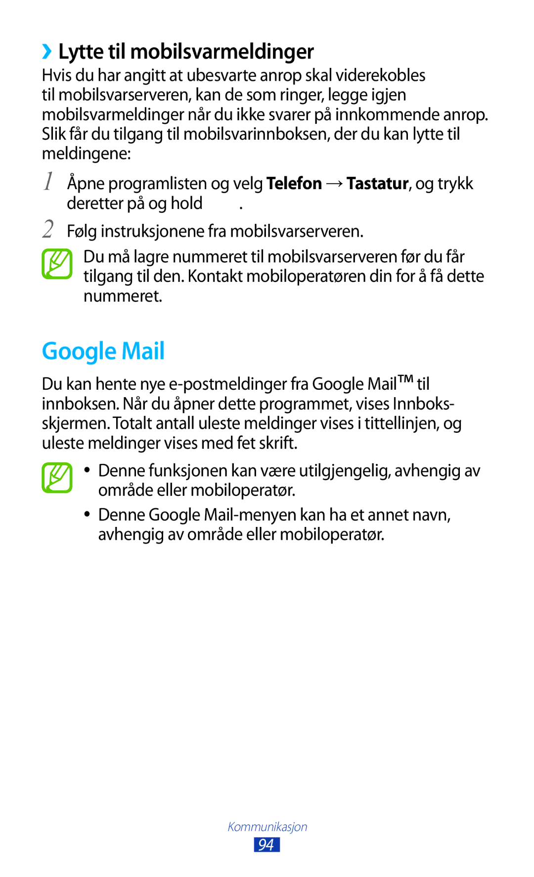 Samsung GT-N8000GRANEE, GT-N8000EAANEE, GT-N8000ZWANEE manual Google Mail, ››Lytte til mobilsvarmeldinger 