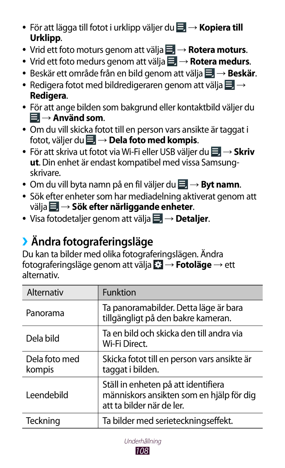 Samsung GT-N8000EAANEE, GT-N8000GRANEE, GT-N8000ZWANEE manual ››Ändra fotograferingsläge, Redigera, →Använd som 