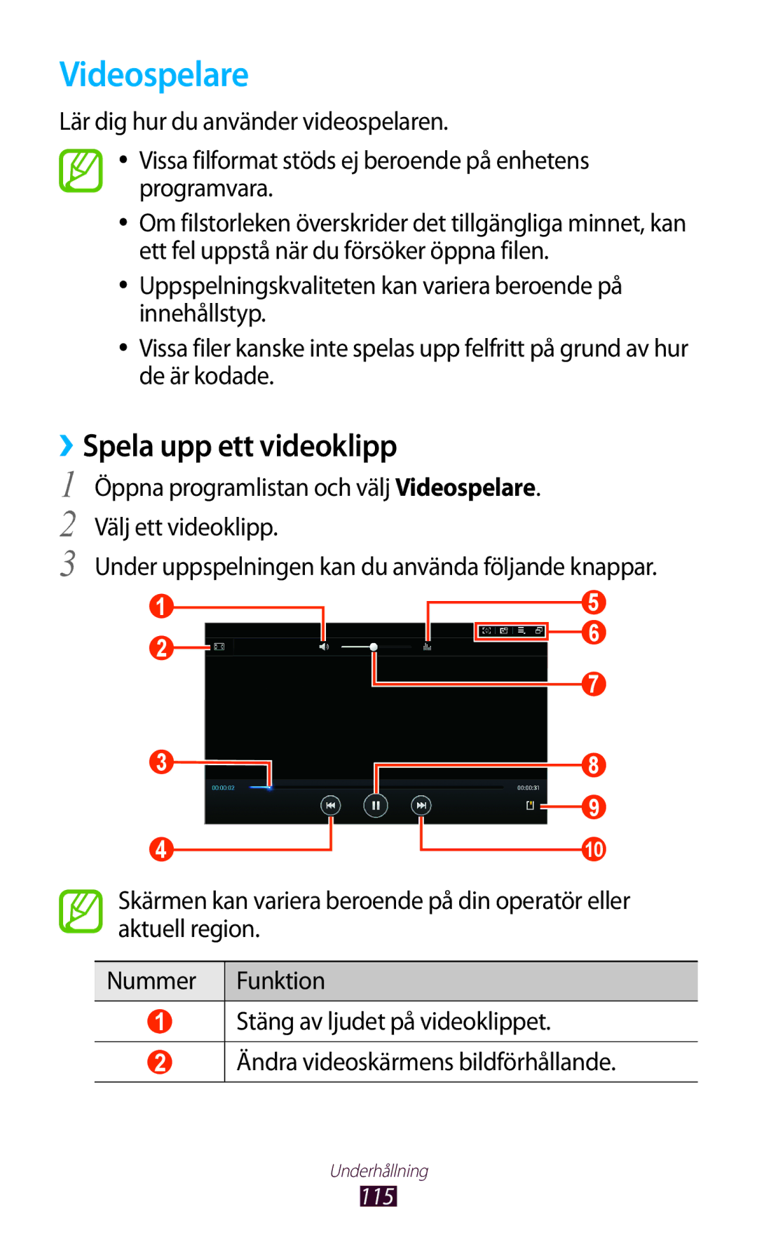 Samsung GT-N8000GRANEE, GT-N8000EAANEE, GT-N8000ZWANEE manual Videospelare, ››Spela upp ett videoklipp 