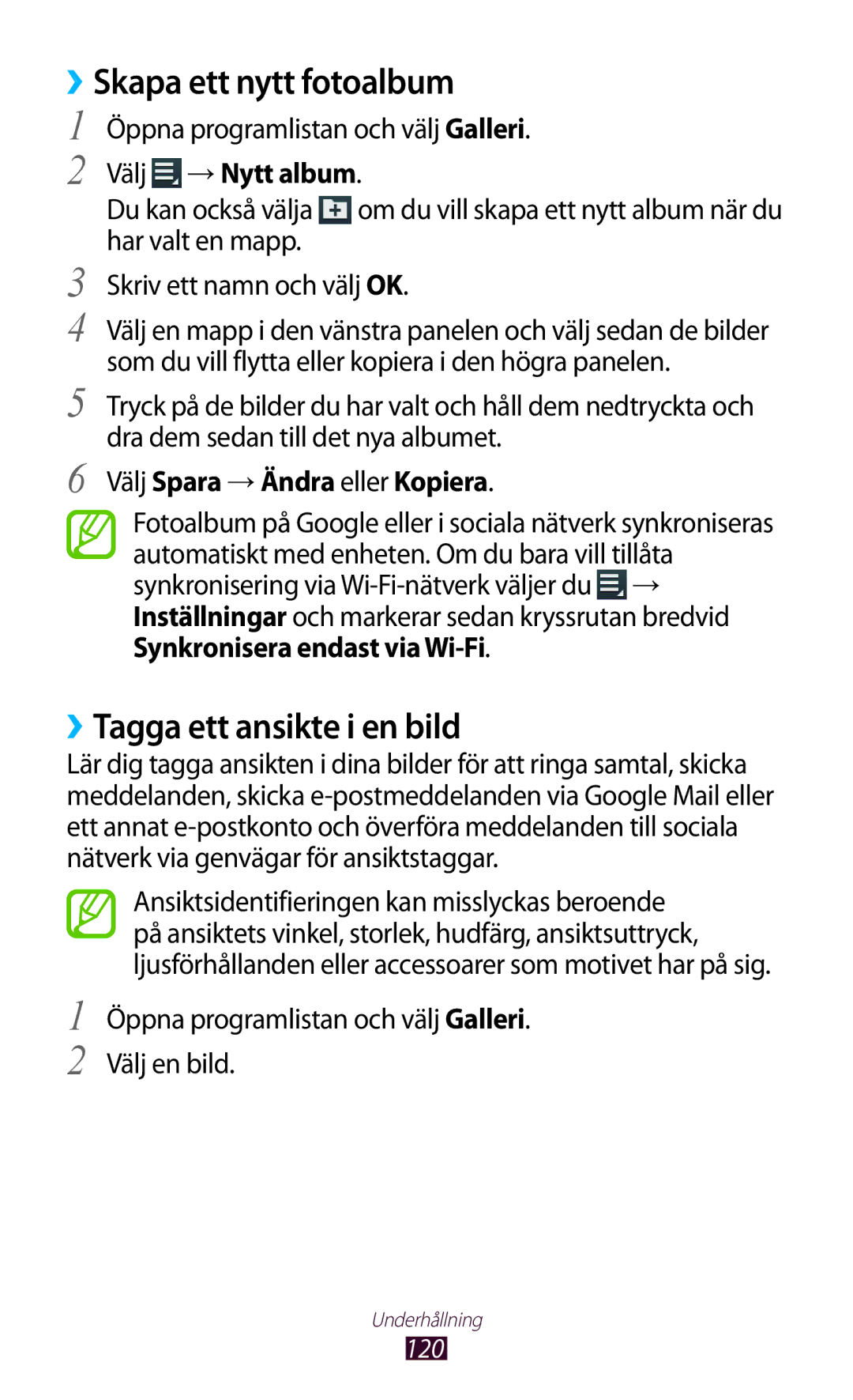 Samsung GT-N8000EAANEE, GT-N8000GRANEE manual ››Skapa ett nytt fotoalbum, ››Tagga ett ansikte i en bild, Välj →Nytt album 