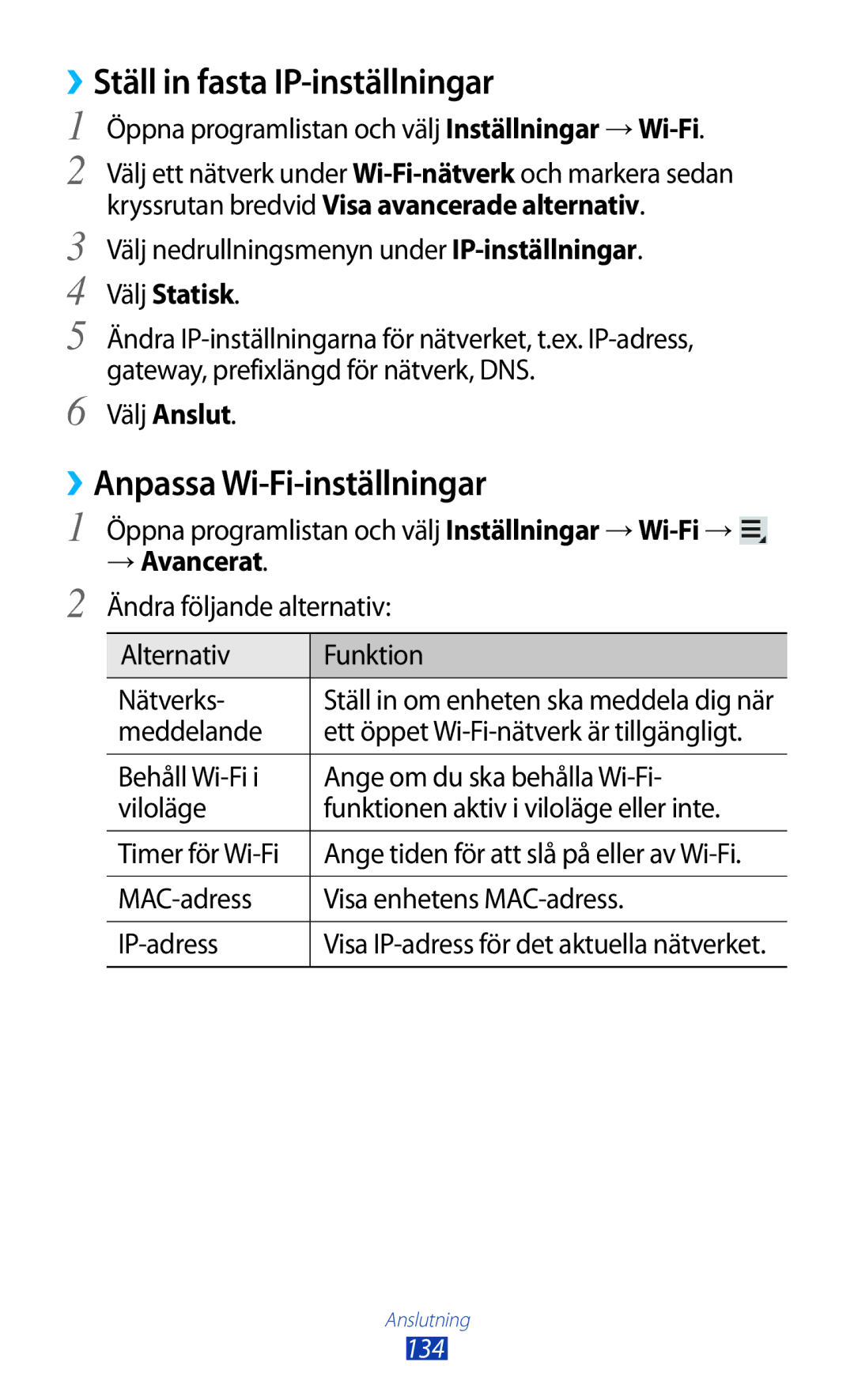 Samsung GT-N8000ZWANEE manual ››Ställ in fasta IP-inställningar, ››Anpassa Wi-Fi-inställningar, Välj Statisk, → Avancerat 