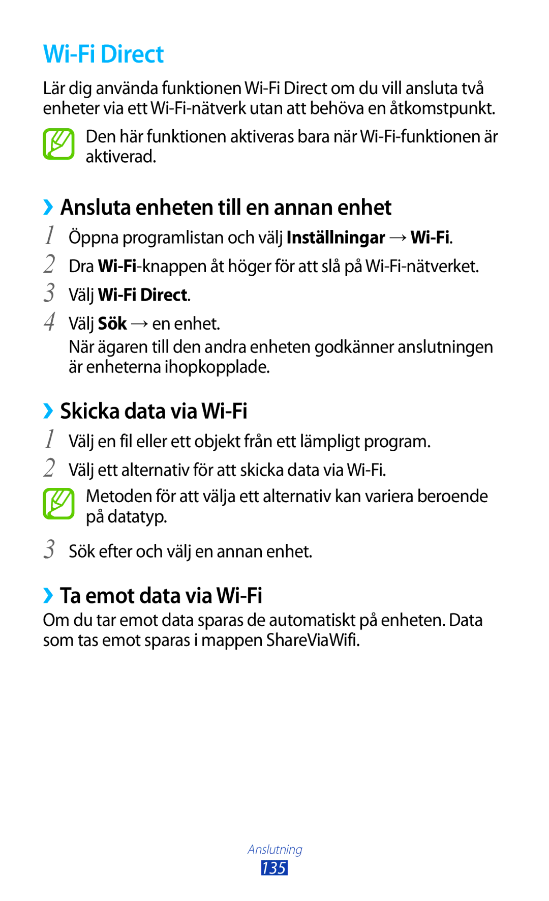 Samsung GT-N8000EAANEE manual ››Ansluta enheten till en annan enhet, ››Skicka data via Wi-Fi, Välj Wi-Fi Direct 