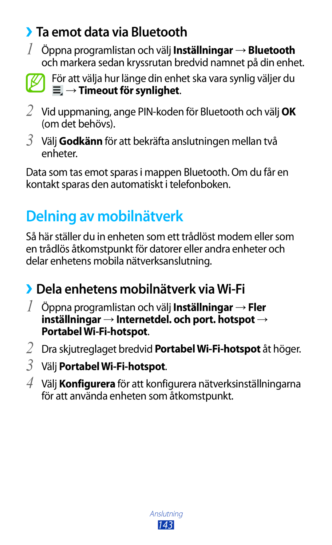 Samsung GT-N8000ZWANEE manual Delning av mobilnätverk, ››Ta emot data via Bluetooth, ››Dela enhetens mobilnätverk via Wi-Fi 