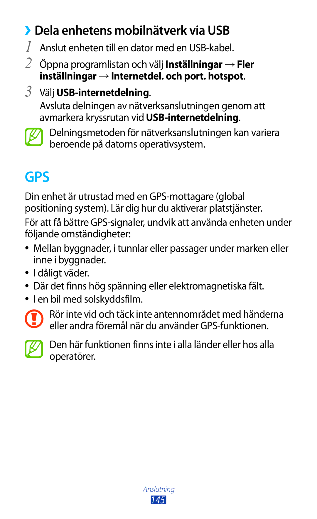 Samsung GT-N8000GRANEE, GT-N8000EAANEE, GT-N8000ZWANEE manual ››Dela enhetens mobilnätverk via USB, Välj USB-internetdelning 