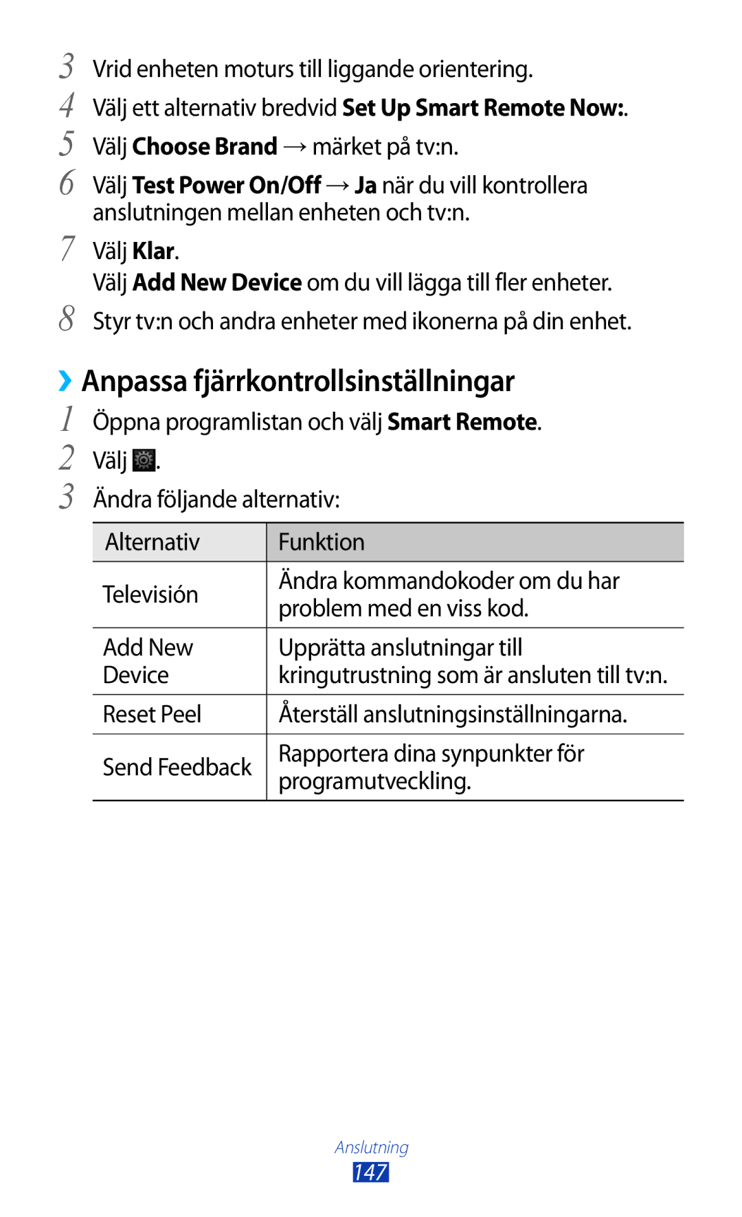 Samsung GT-N8000EAANEE manual ››Anpassa fjärrkontrollsinställningar, Reset Peel Återställ anslutningsinställningarna 