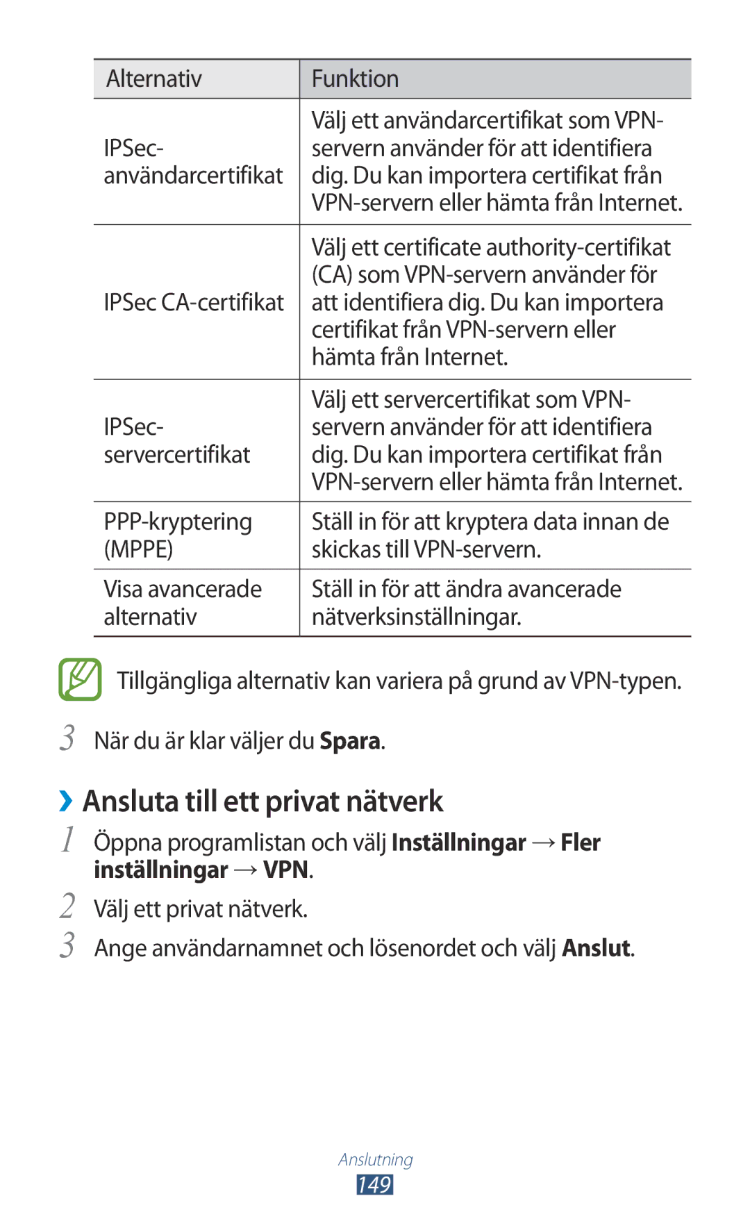 Samsung GT-N8000ZWANEE, GT-N8000EAANEE, GT-N8000GRANEE manual ››Ansluta till ett privat nätverk, Inställningar →VPN 