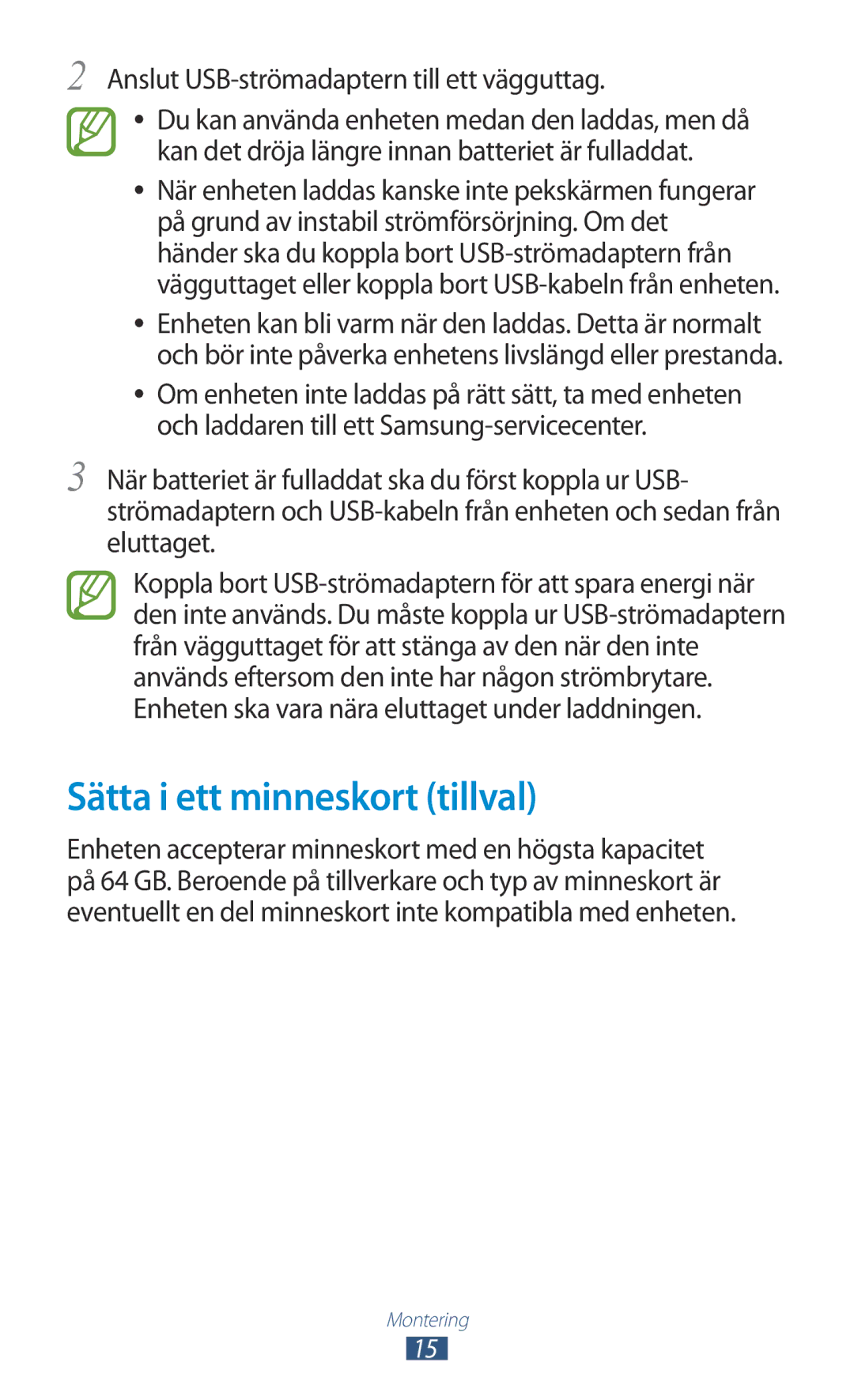 Samsung GT-N8000EAANEE, GT-N8000GRANEE manual Sätta i ett minneskort tillval, Anslut USB-strömadaptern till ett vägguttag 