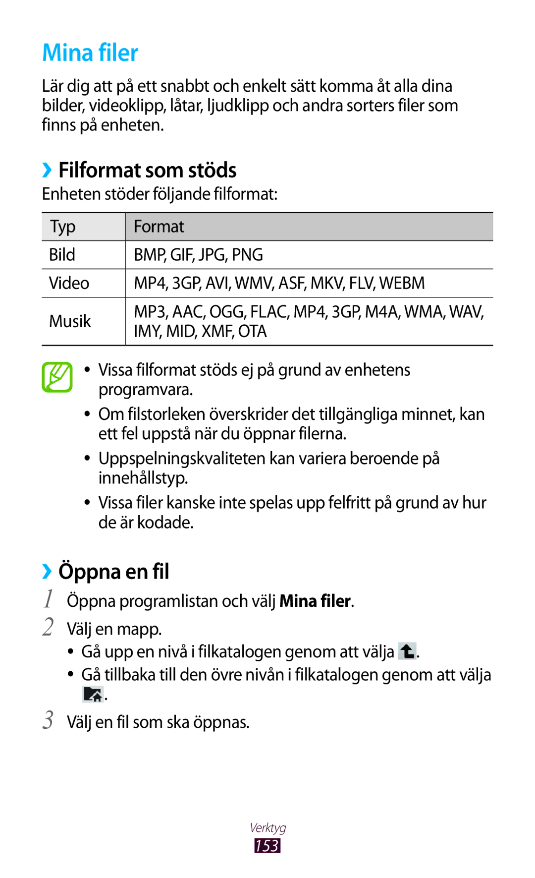 Samsung GT-N8000EAANEE, GT-N8000GRANEE, GT-N8000ZWANEE manual Mina filer, ››Filformat som stöds, ››Öppna en fil 