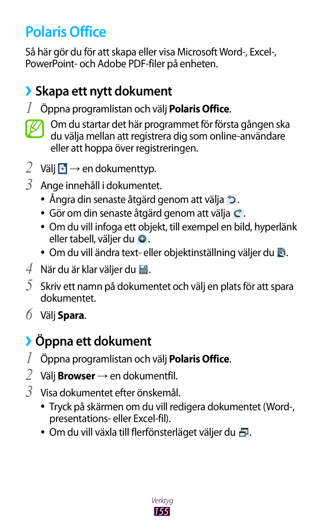 Samsung GT-N8000ZWANEE, GT-N8000EAANEE, GT-N8000GRANEE manual Polaris Office, ››Skapa ett nytt dokument, ››Öppna ett dokument 