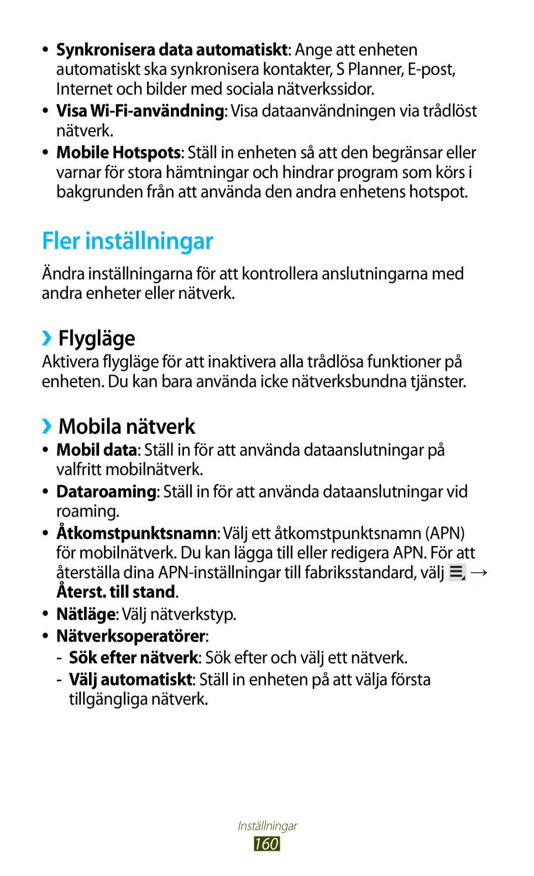 Samsung GT-N8000GRANEE, GT-N8000EAANEE, GT-N8000ZWANEE manual Fler inställningar, ››Flygläge, ››Mobila nätverk 