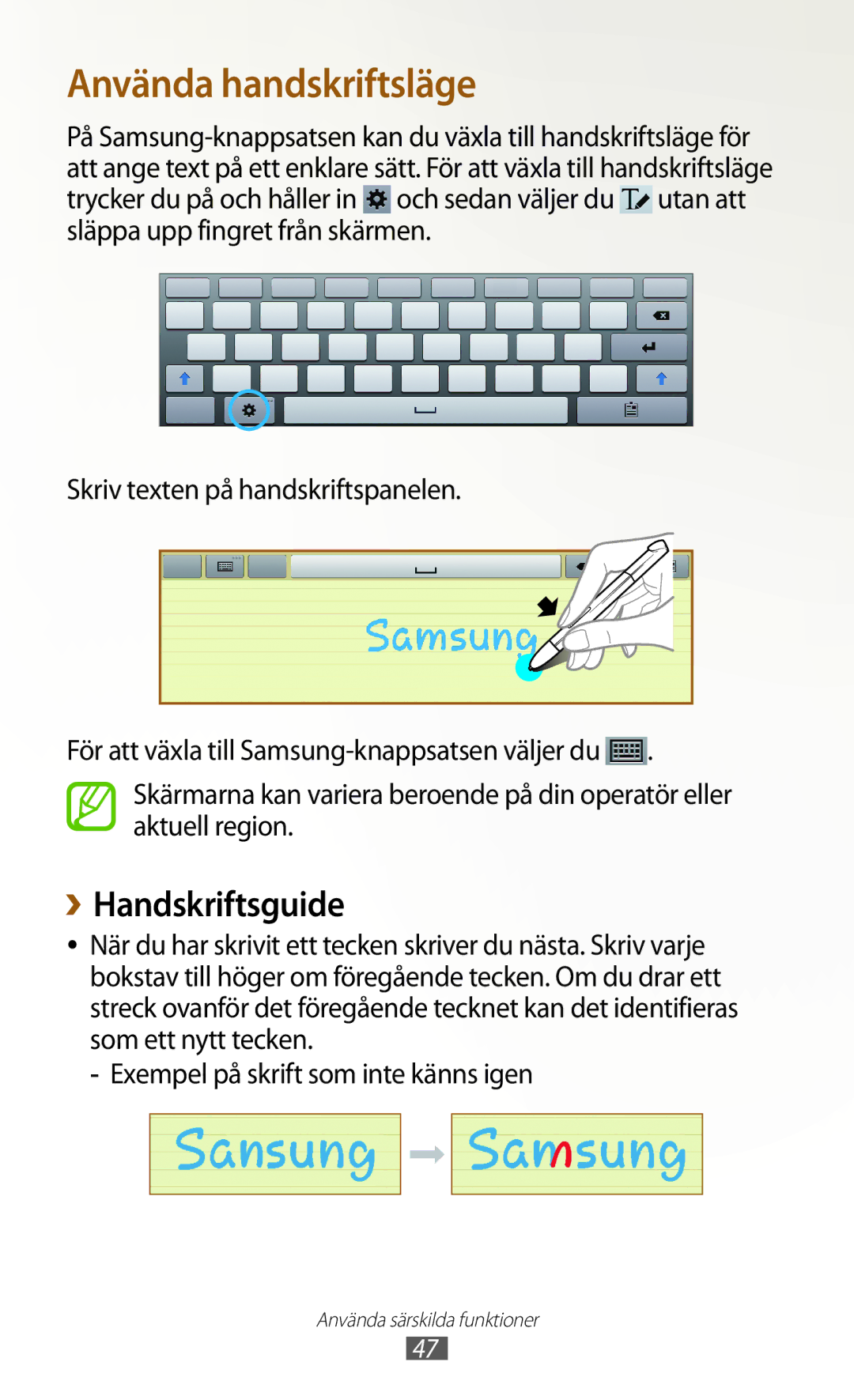 Samsung GT-N8000ZWANEE, GT-N8000EAANEE, GT-N8000GRANEE manual Använda handskriftsläge, ››Handskriftsguide 