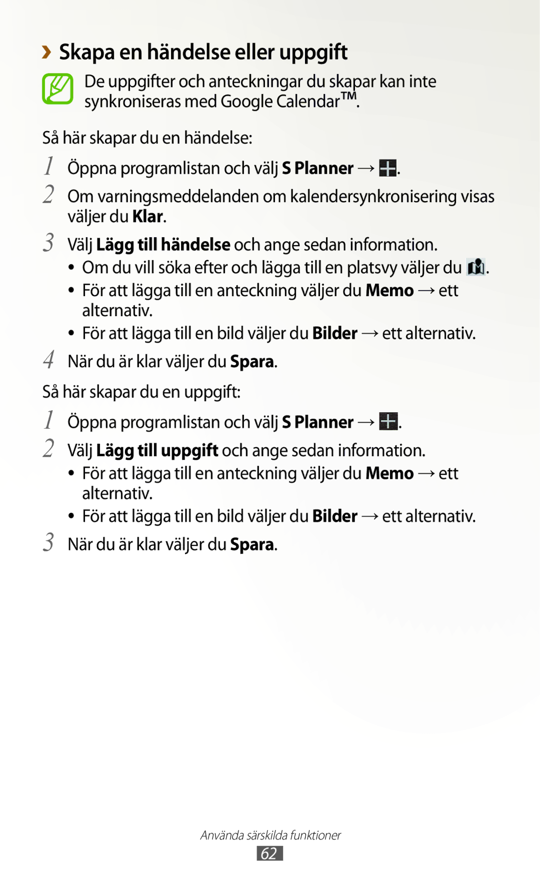 Samsung GT-N8000ZWANEE ››Skapa en händelse eller uppgift, Välj Lägg till uppgift och ange sedan information, Alternativ 