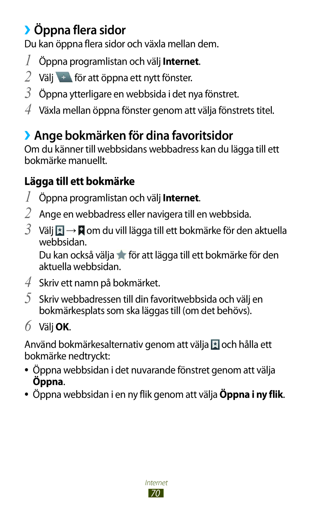 Samsung GT-N8000GRANEE manual ››Öppna flera sidor, ››Ange bokmärken för dina favoritsidor, Lägga till ett bokmärke 