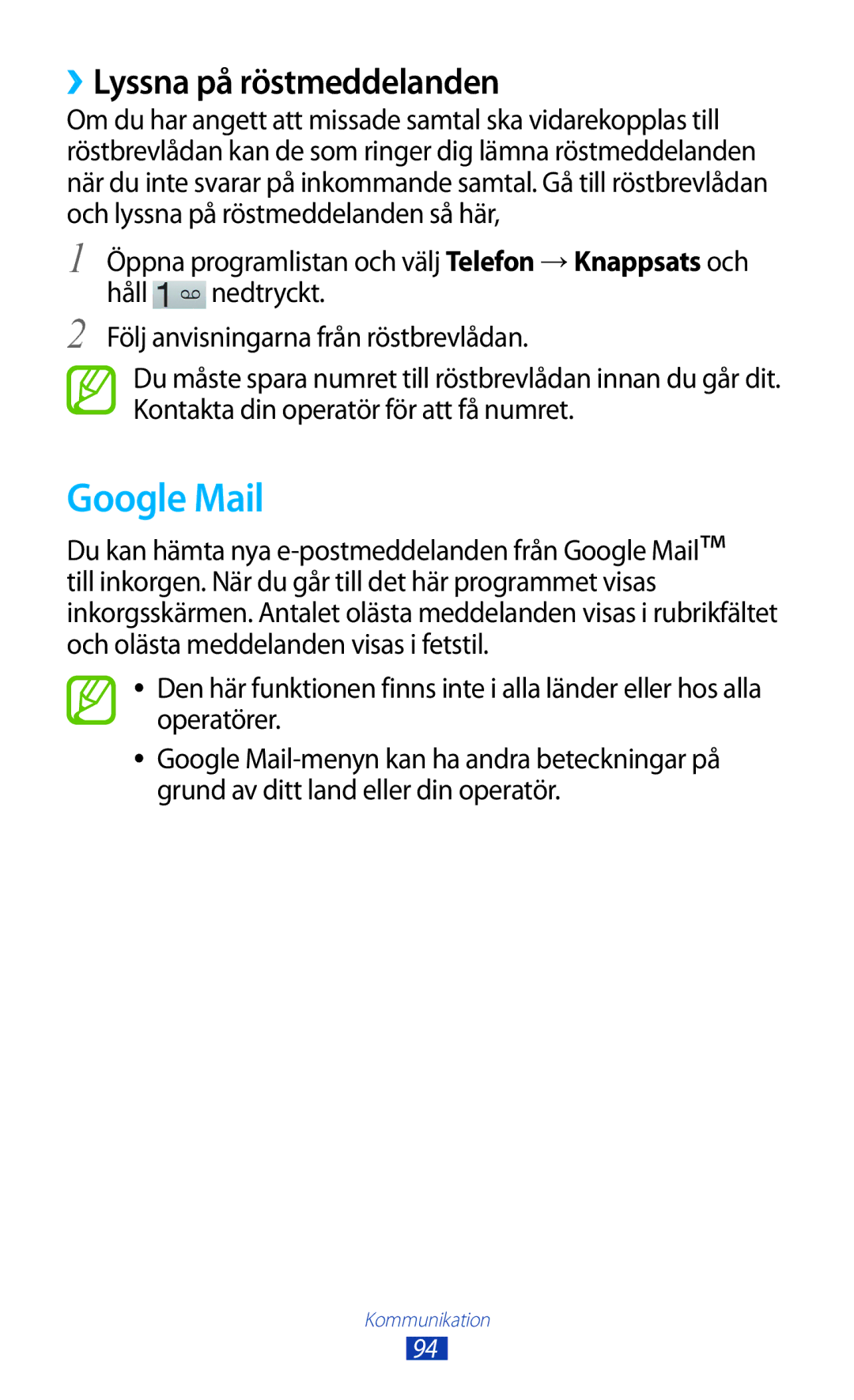 Samsung GT-N8000GRANEE, GT-N8000EAANEE, GT-N8000ZWANEE manual Google Mail, ››Lyssna på röstmeddelanden 