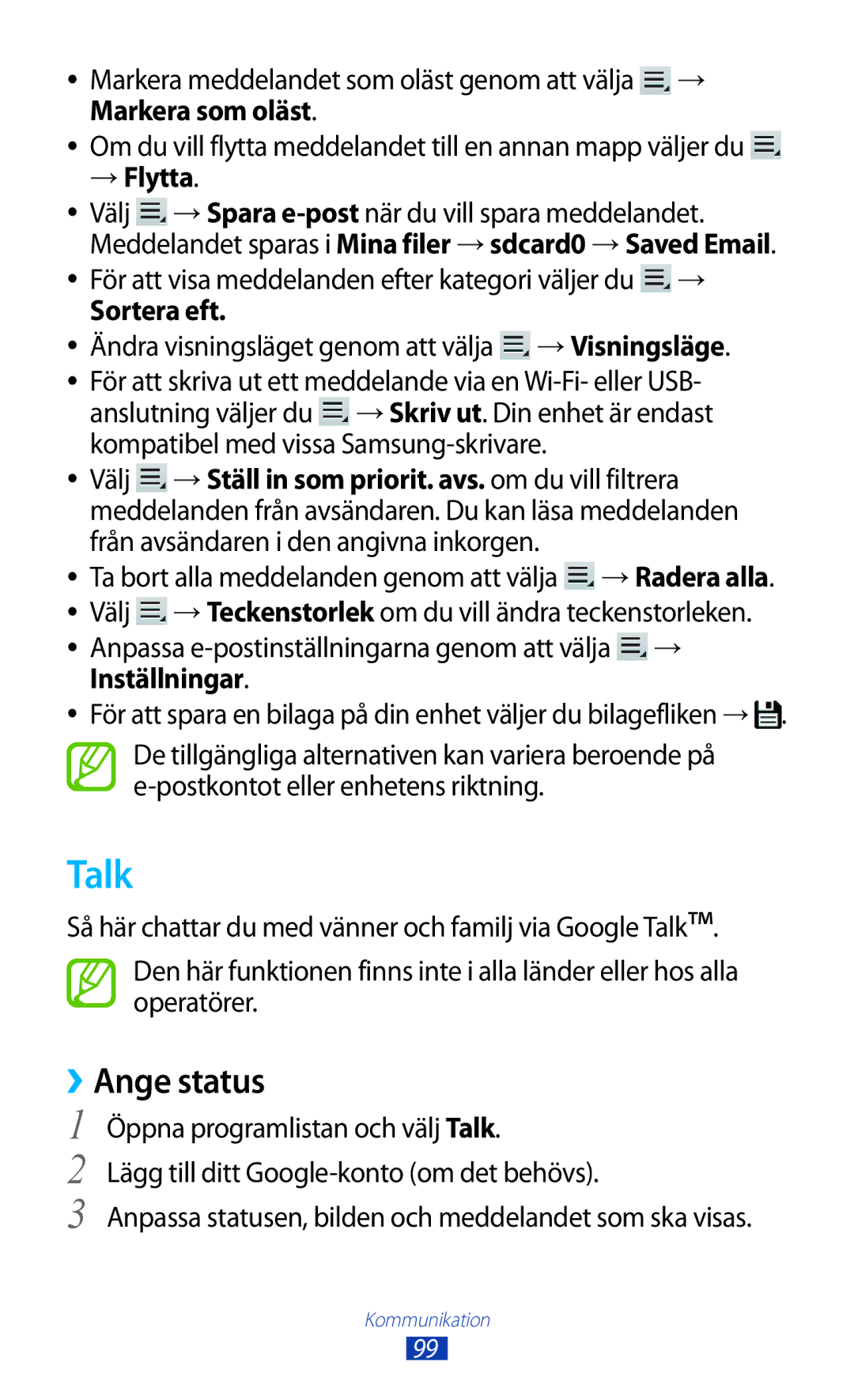 Samsung GT-N8000EAANEE, GT-N8000GRANEE, GT-N8000ZWANEE manual Talk, ››Ange status, → Flytta, Sortera eft, Inställningar 