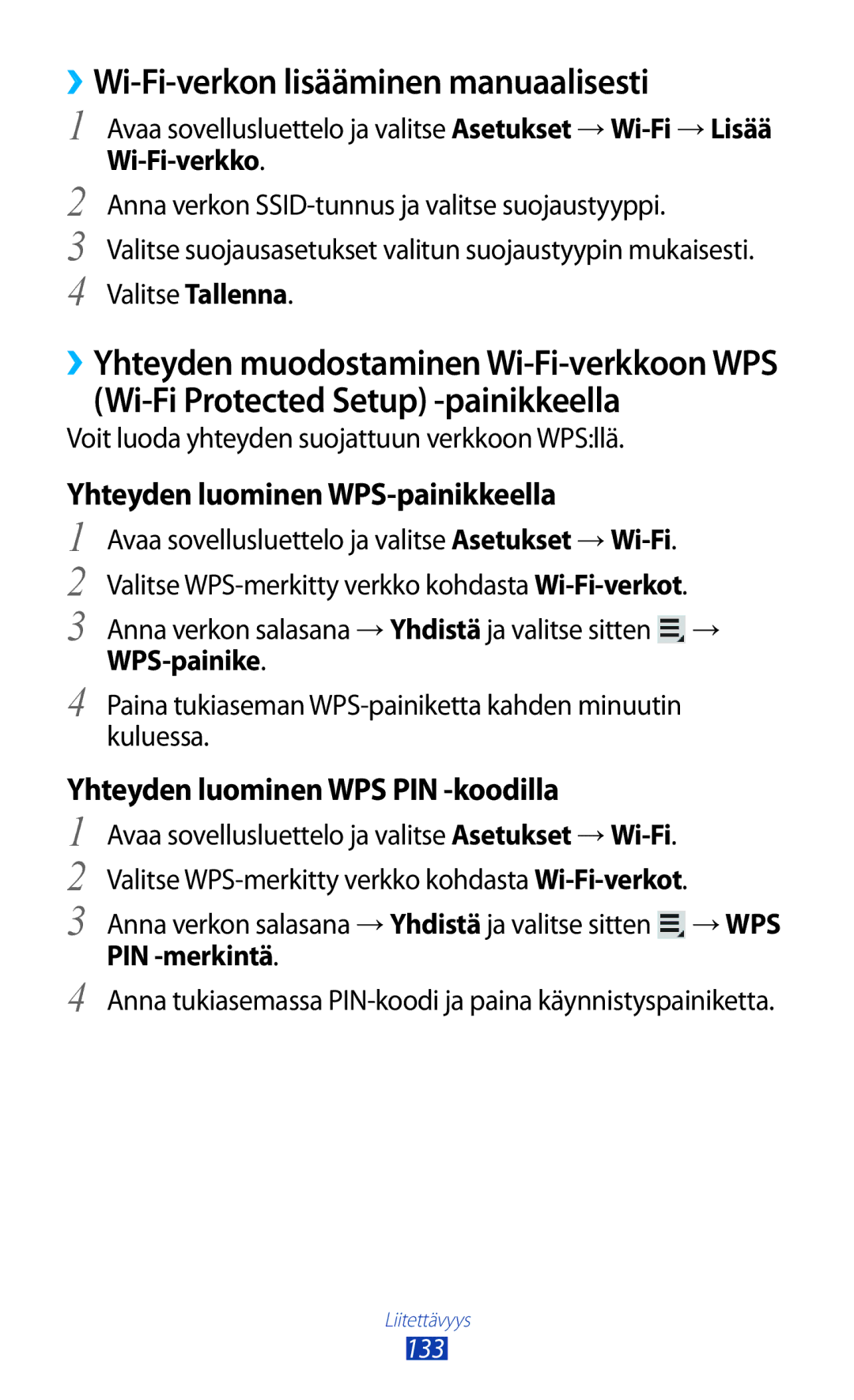 Samsung GT-N8000GRANEE manual ››Wi-Fi-verkon lisääminen manuaalisesti, Yhteyden luominen WPS-painikkeella, Wi-Fi-verkko 