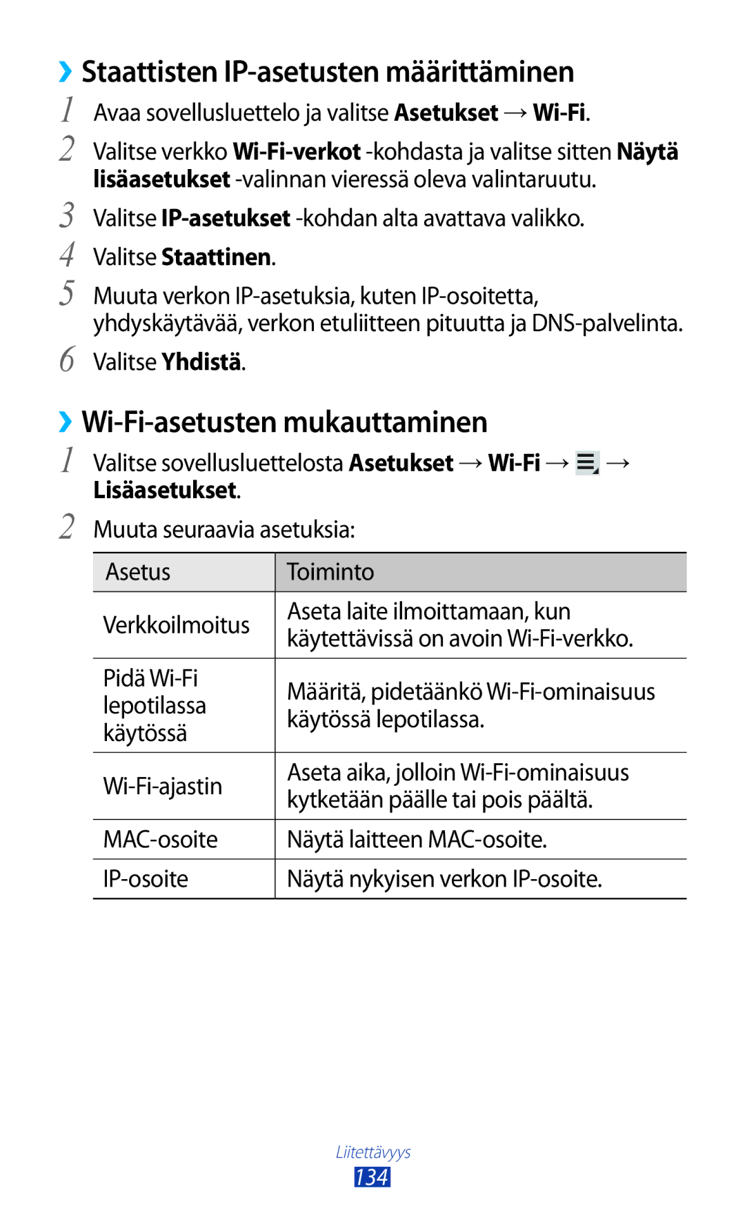 Samsung GT-N8000ZWANEE manual ››Staattisten IP-asetusten määrittäminen, ››Wi-Fi-asetusten mukauttaminen, Valitse Staattinen 