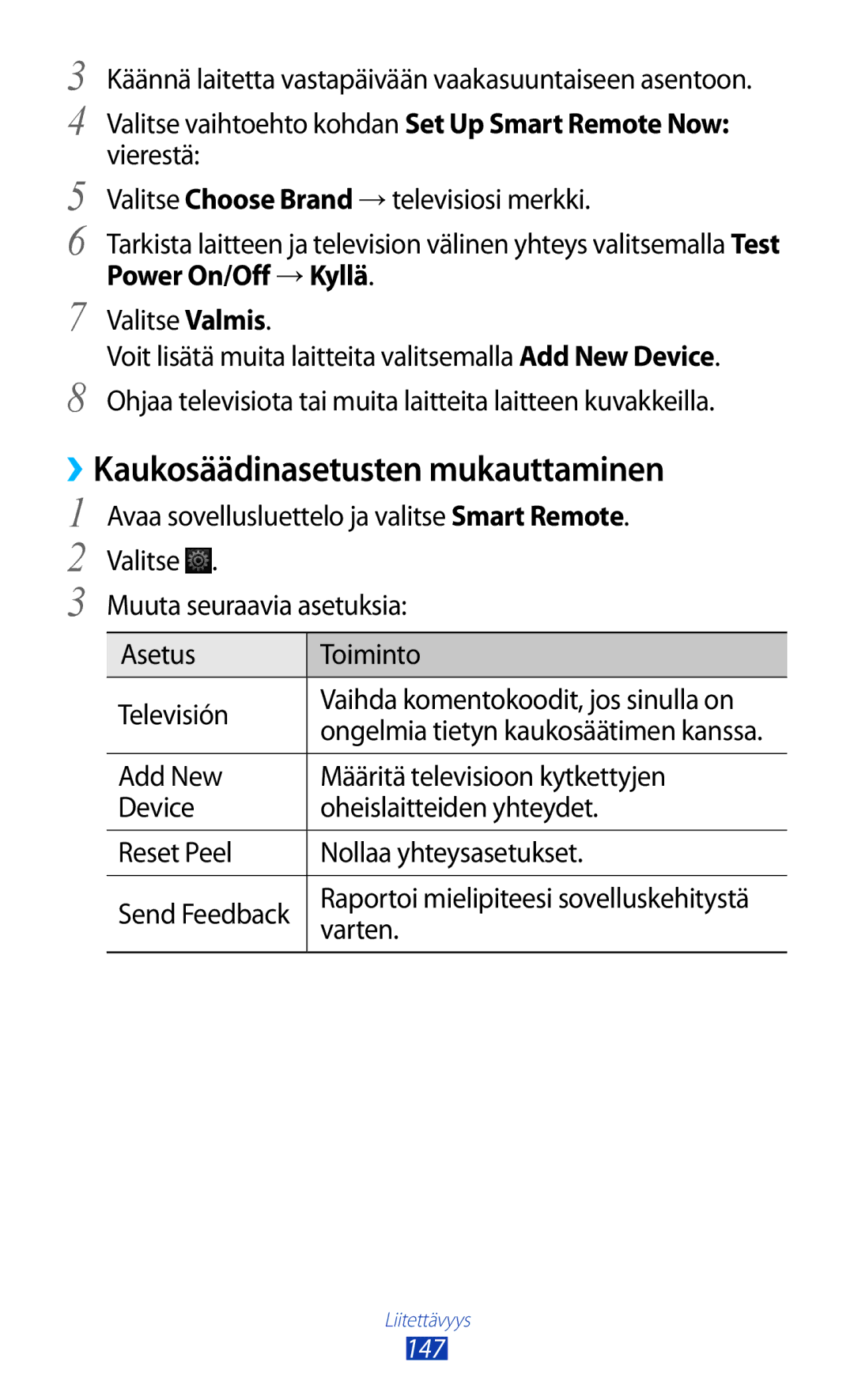 Samsung GT-N8000EAANEE, GT-N8000GRANEE, GT-N8000ZWANEE ››Kaukosäädinasetusten mukauttaminen, Power On/Off →Kyllä, Varten 