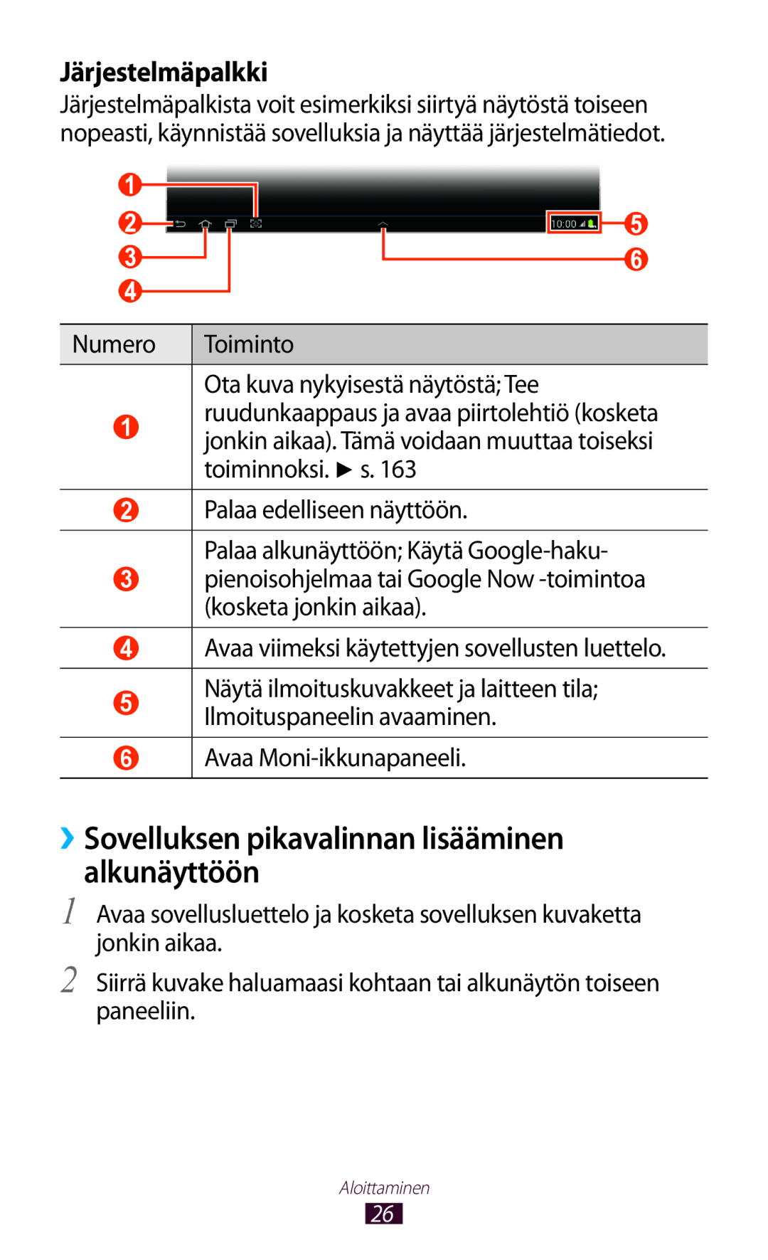 Samsung GT-N8000ZWANEE, GT-N8000EAANEE manual ››Sovelluksen pikavalinnan lisääminen alkunäyttöön, Järjestelmäpalkki 