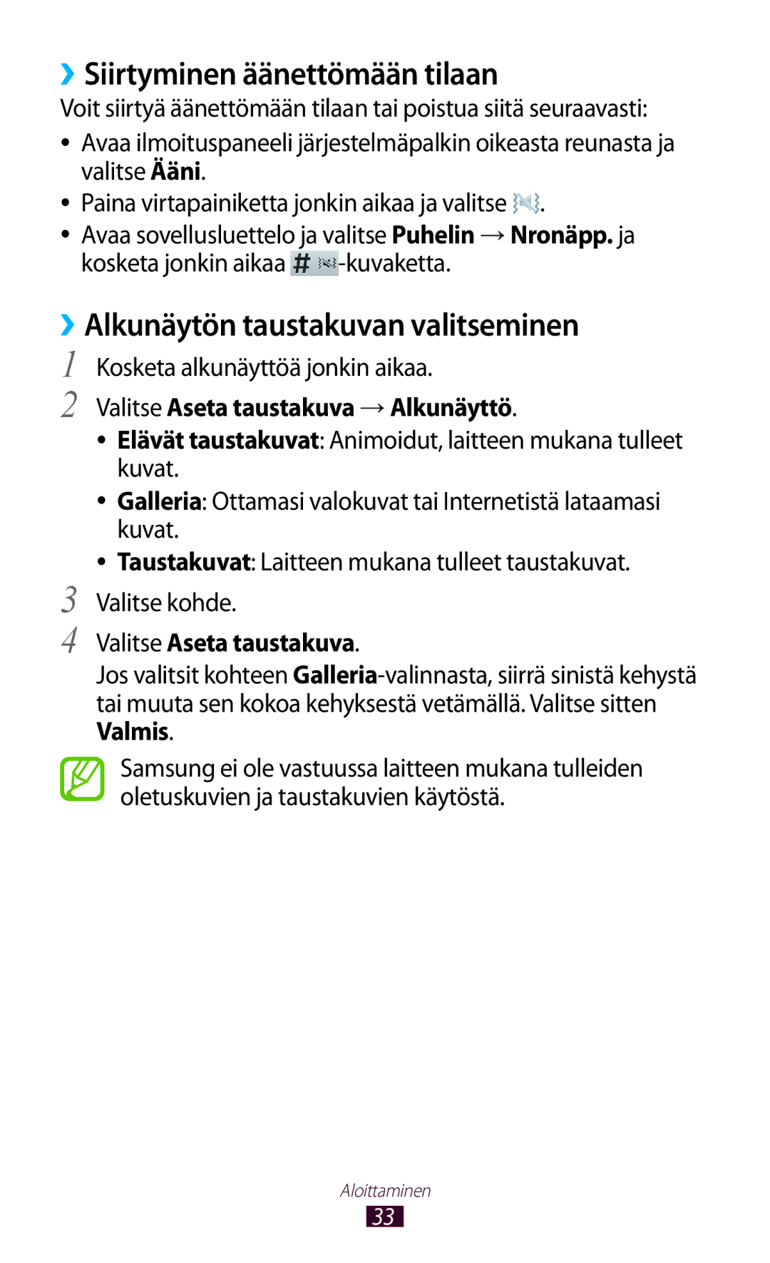 Samsung GT-N8000EAANEE ››Siirtyminen äänettömään tilaan, ››Alkunäytön taustakuvan valitseminen, Valitse Aseta taustakuva 