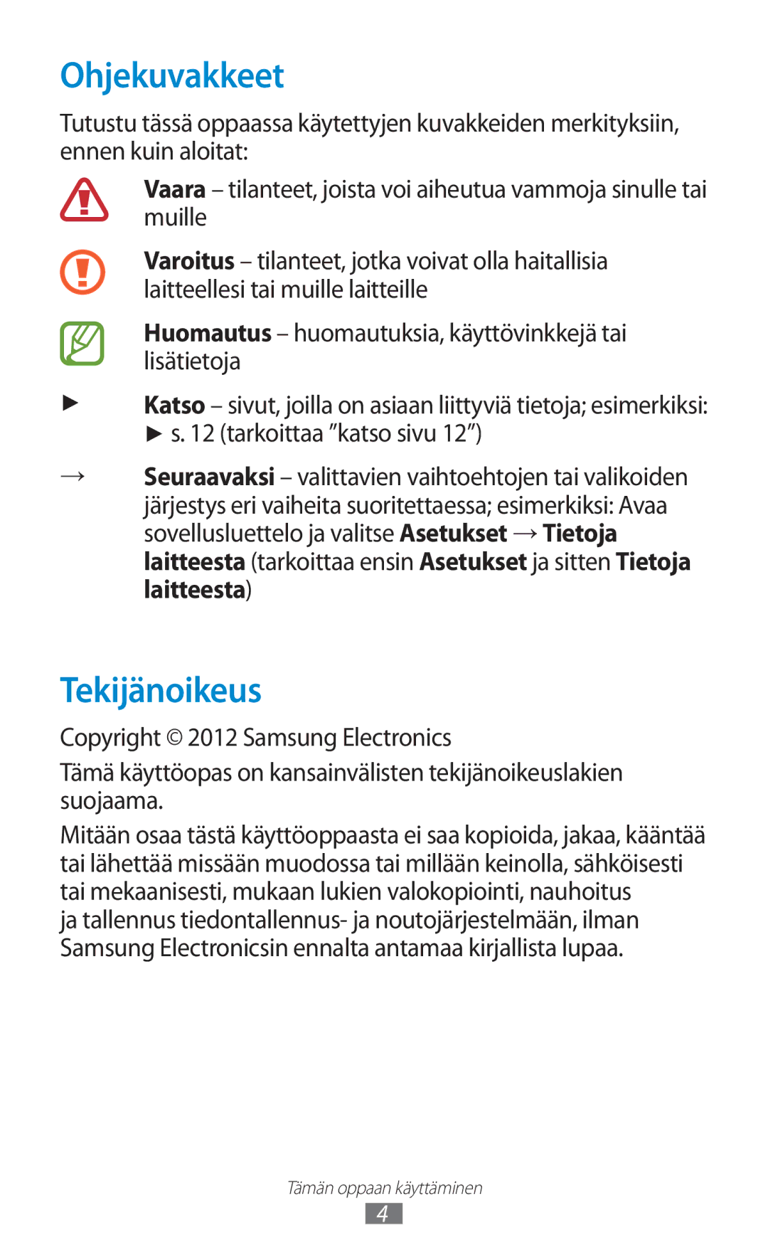 Samsung GT-N8000GRANEE, GT-N8000EAANEE, GT-N8000ZWANEE manual Ohjekuvakkeet, Tekijänoikeus 