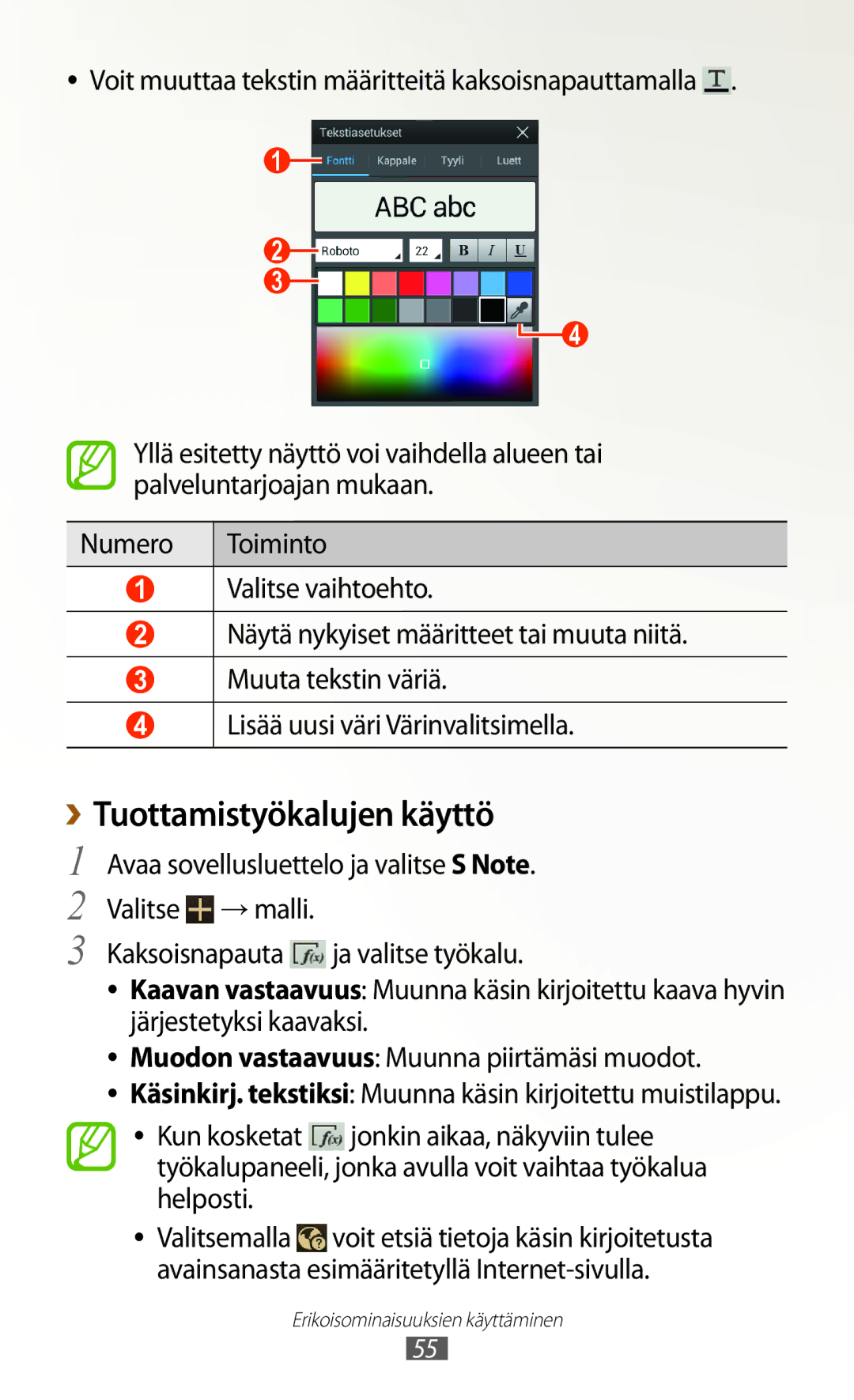 Samsung GT-N8000GRANEE, GT-N8000EAANEE, GT-N8000ZWANEE manual ››Tuottamistyökalujen käyttö 