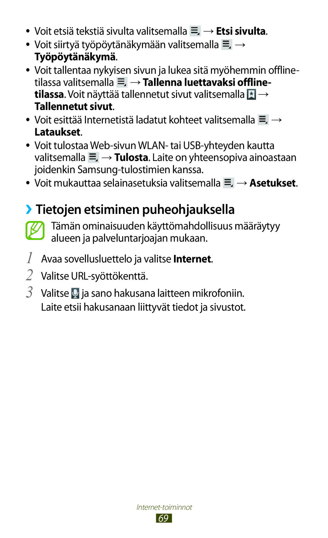 Samsung GT-N8000EAANEE manual ››Tietojen etsiminen puheohjauksella, Voit mukauttaa selainasetuksia valitsemalla →Asetukset 