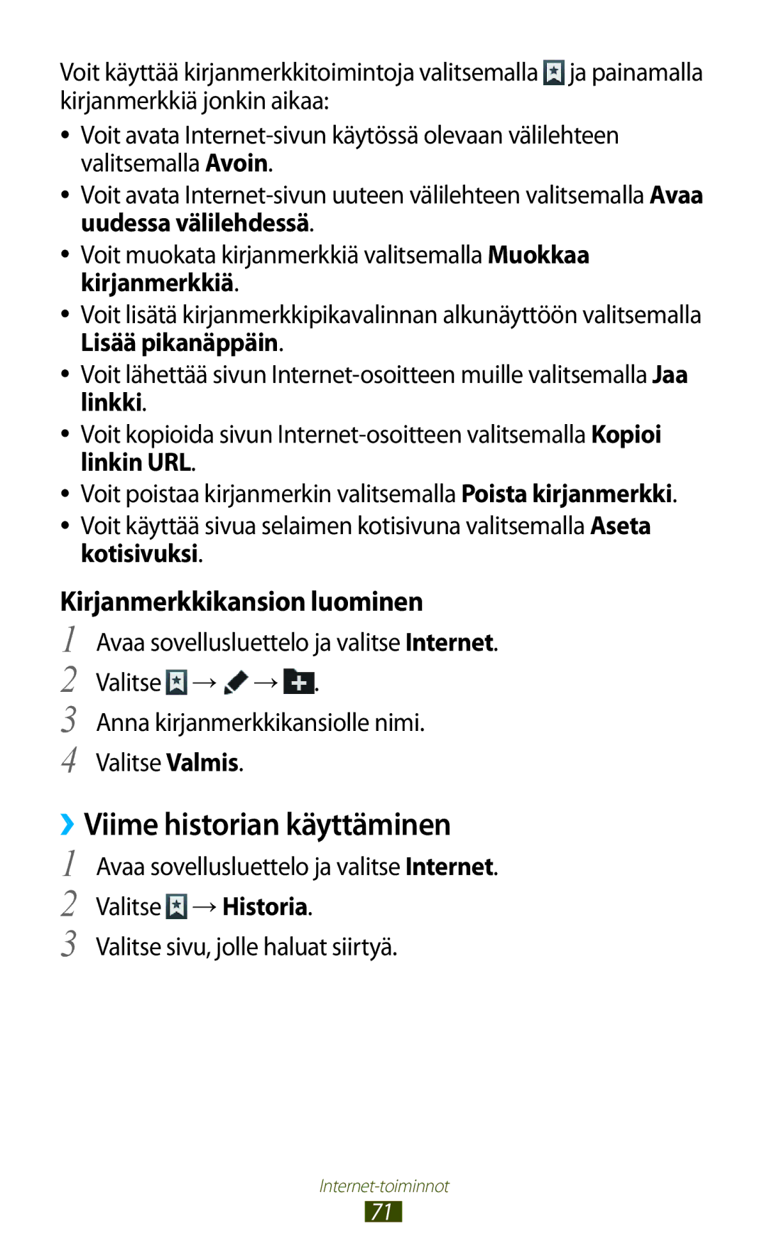 Samsung GT-N8000ZWANEE manual ››Viime historian käyttäminen, Kirjanmerkkikansion luominen, Kirjanmerkkiä, Kotisivuksi 