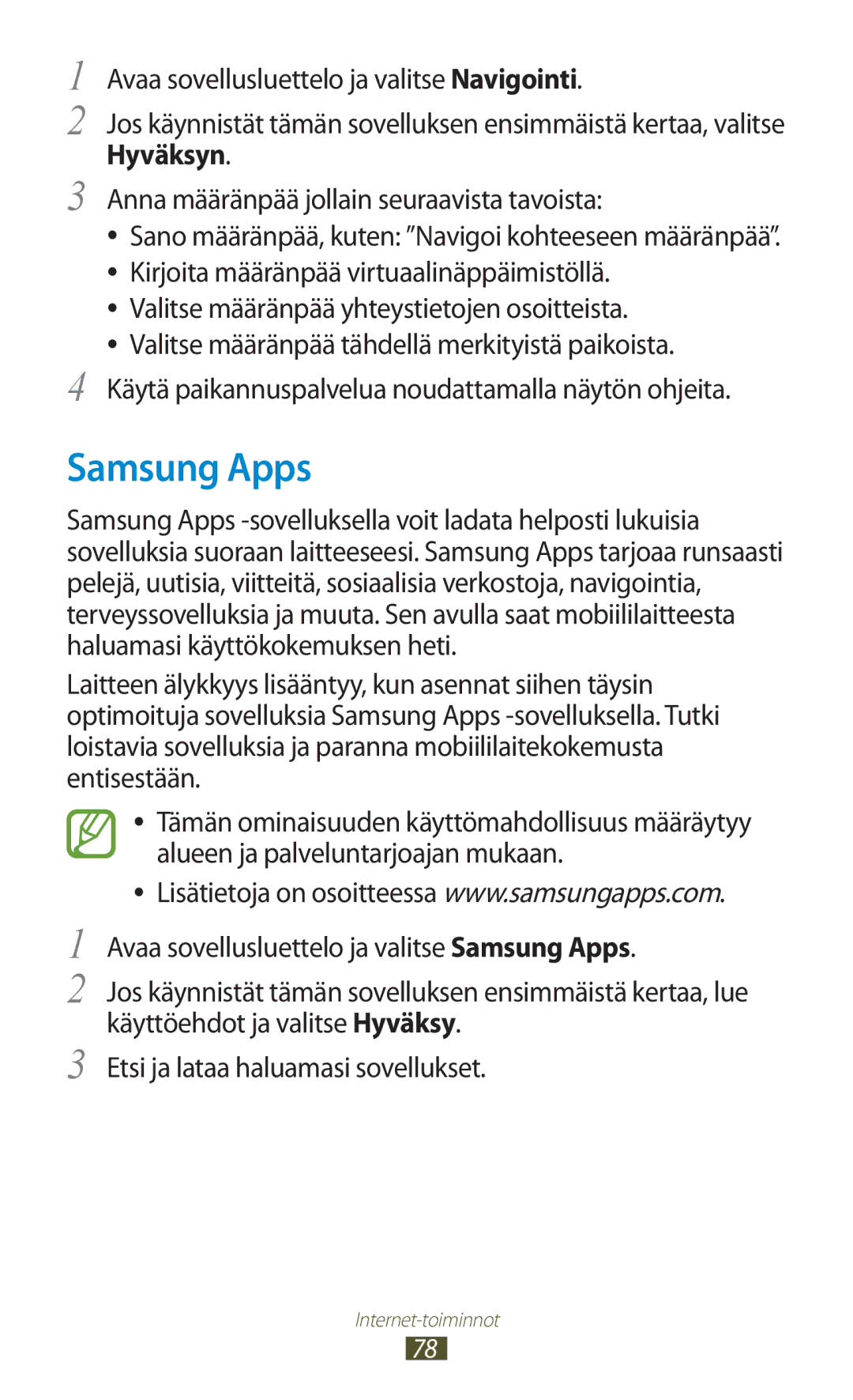 Samsung GT-N8000EAANEE, GT-N8000GRANEE, GT-N8000ZWANEE manual Samsung Apps, Valitse määränpää yhteystietojen osoitteista 