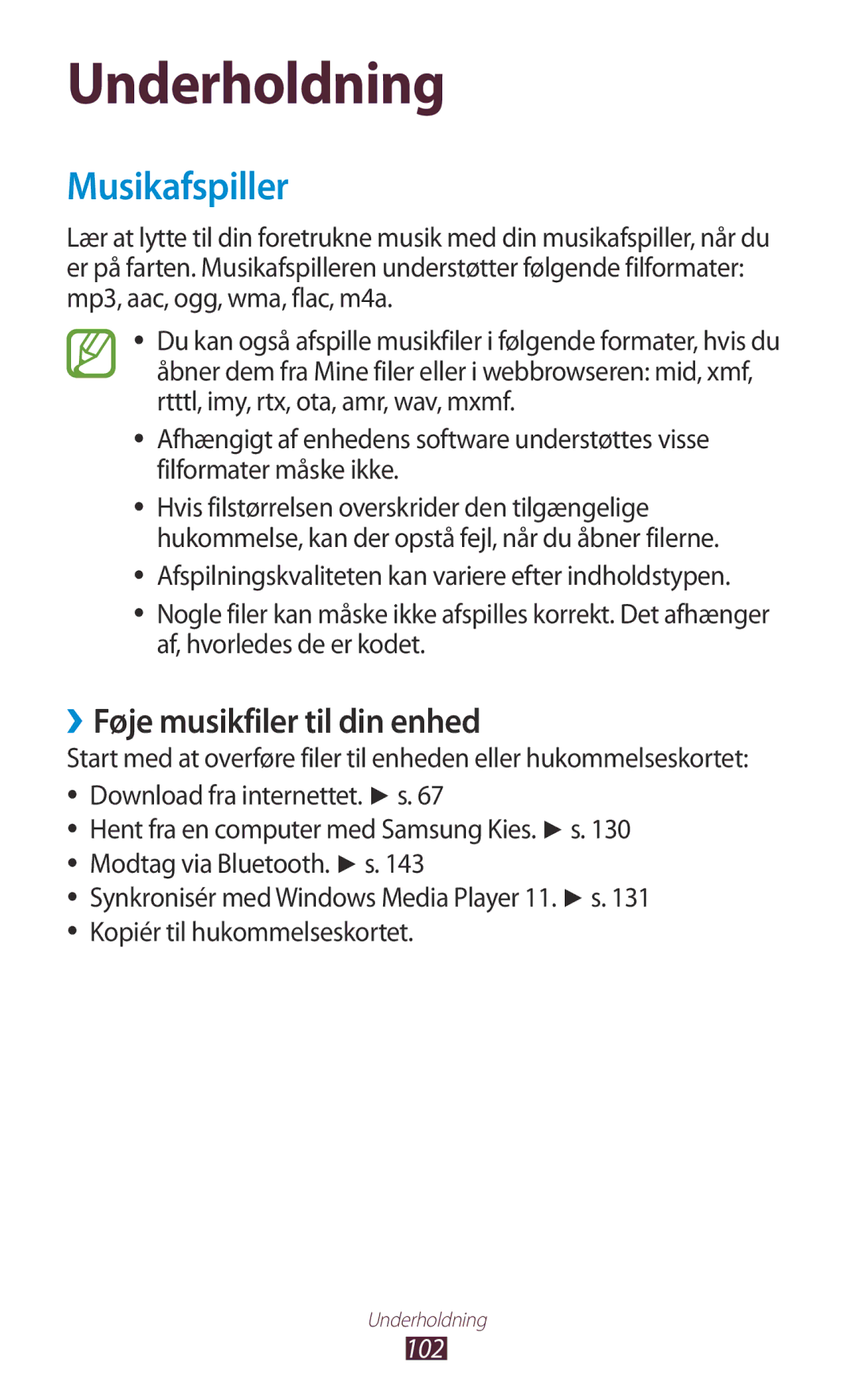 Samsung GT-N8000EAANEE, GT-N8000GRANEE, GT-N8000ZWANEE manual Musikafspiller, ››Føje musikfiler til din enhed, 102 