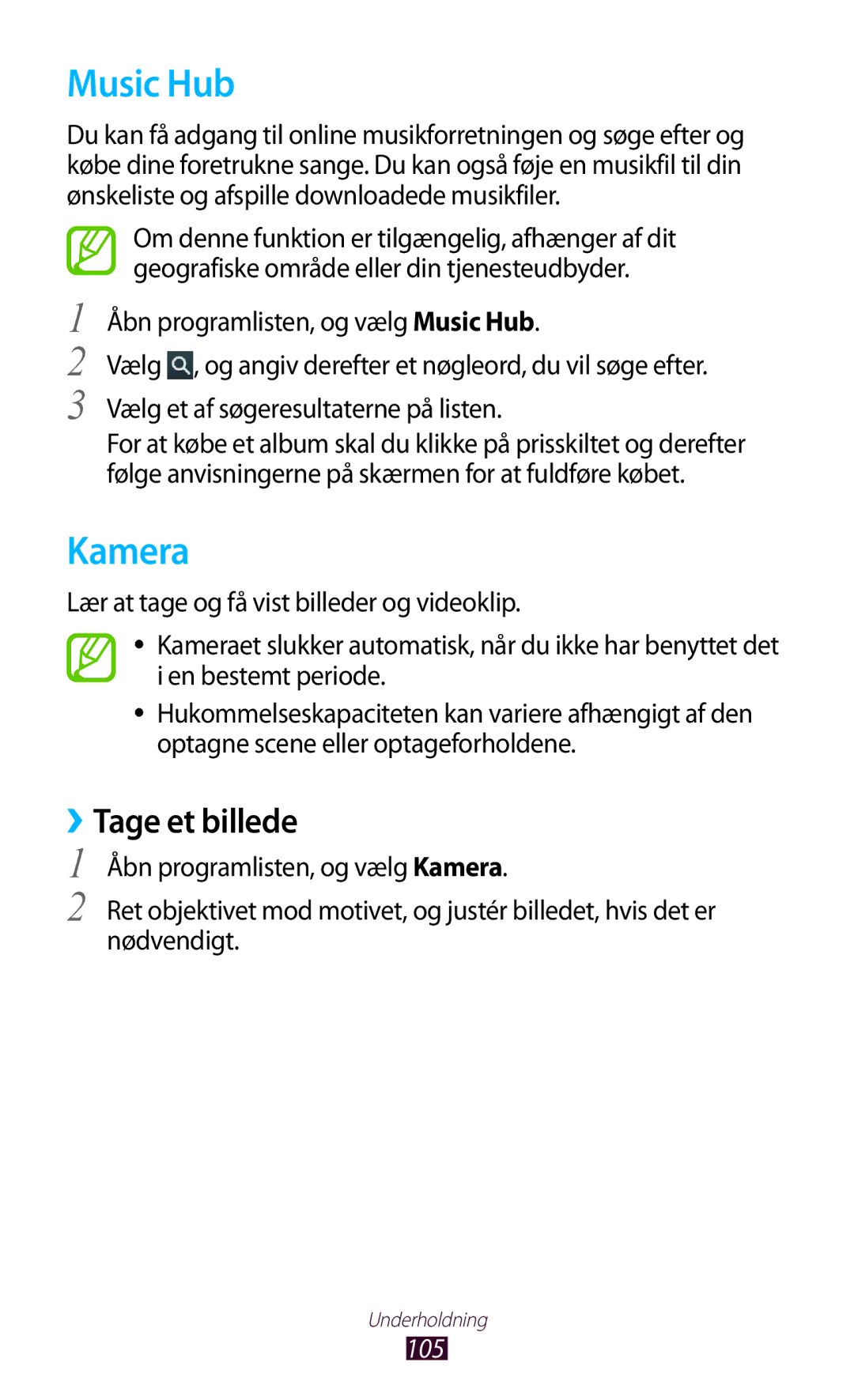 Samsung GT-N8000EAANEE, GT-N8000GRANEE, GT-N8000ZWANEE manual Music Hub, Kamera, ››Tage et billede, 105 