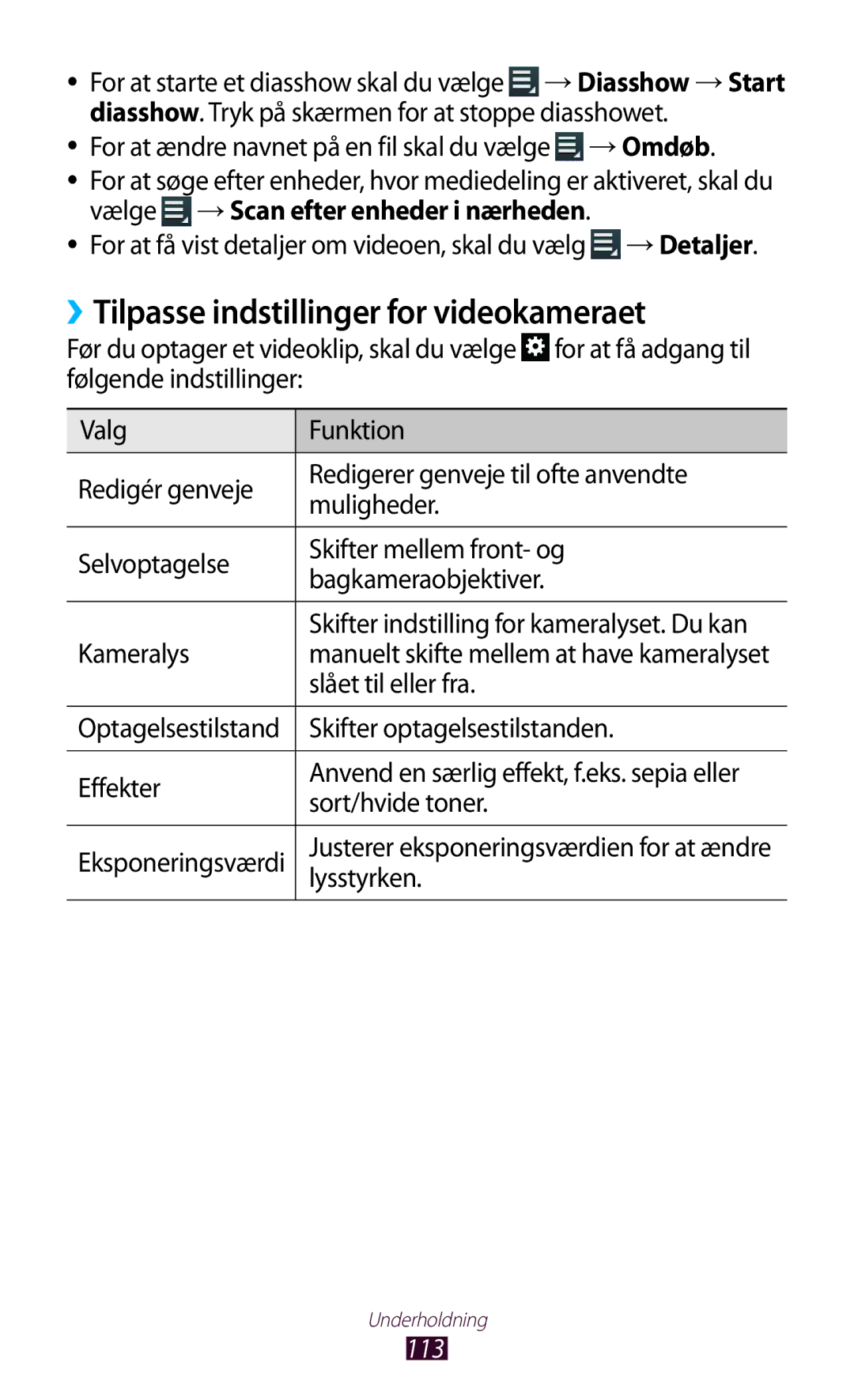 Samsung GT-N8000ZWANEE, GT-N8000EAANEE, GT-N8000GRANEE manual ››Tilpasse indstillinger for videokameraet, →Omdøb, 113 