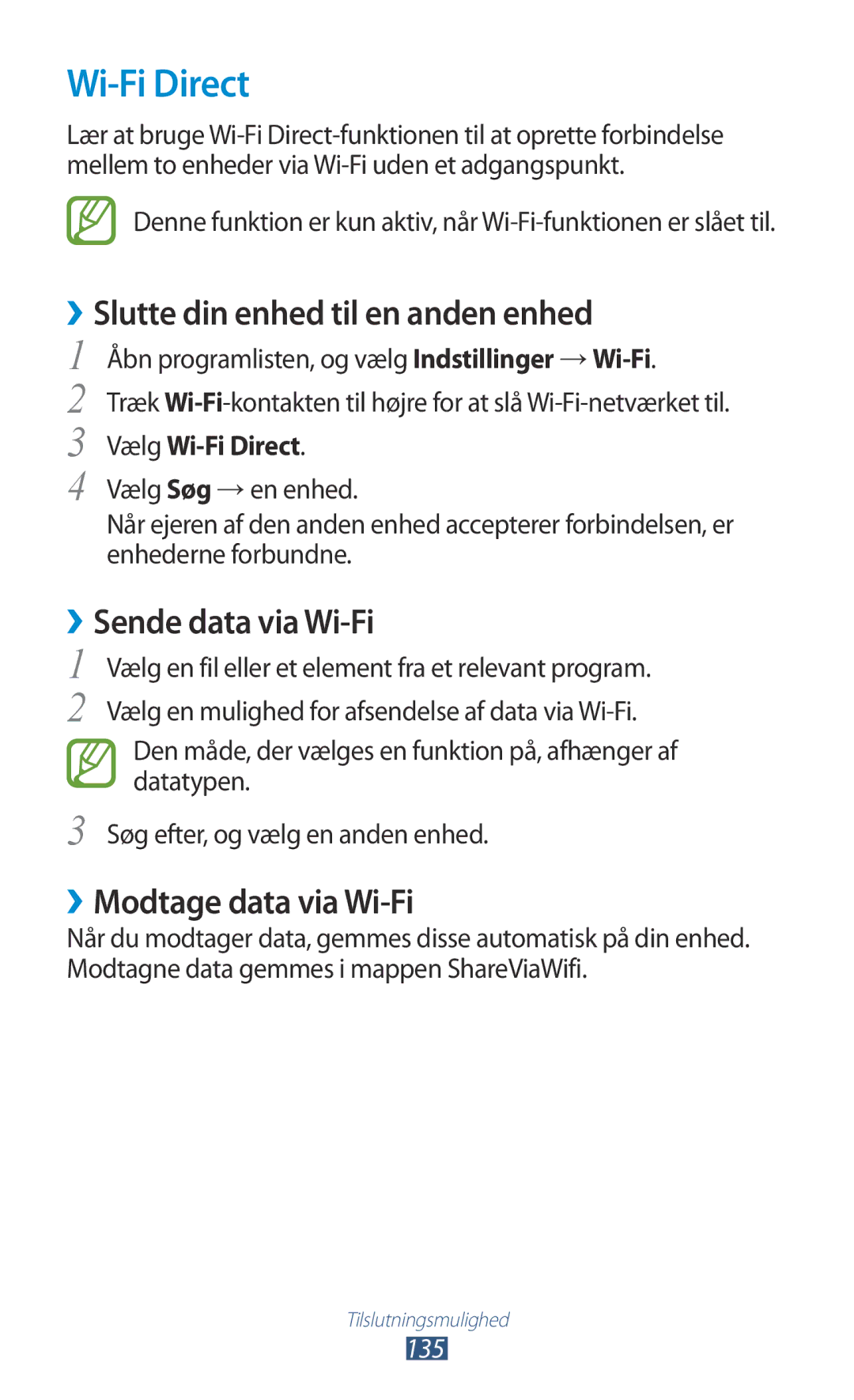 Samsung GT-N8000EAANEE manual ››Slutte din enhed til en anden enhed, ››Sende data via Wi-Fi, Vælg Wi-Fi Direct 