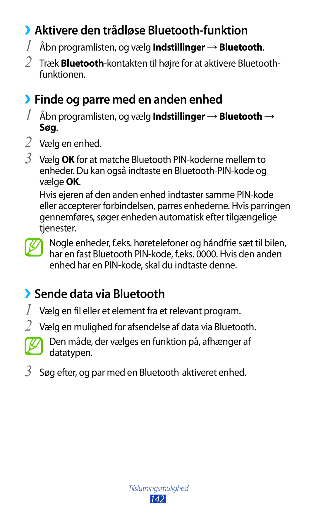 Samsung GT-N8000GRANEE manual ››Aktivere den trådløse Bluetooth-funktion, ››Finde og parre med en anden enhed, Søg, 142 