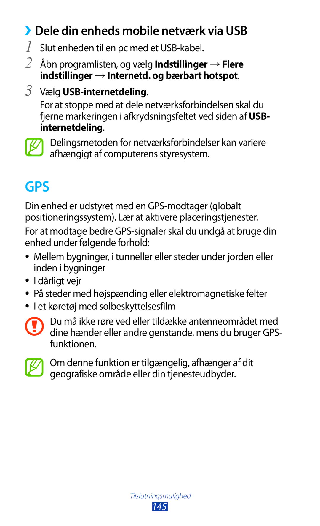 Samsung GT-N8000GRANEE, GT-N8000EAANEE manual ››Dele din enheds mobile netværk via USB, Vælg USB-internetdeling, 145 